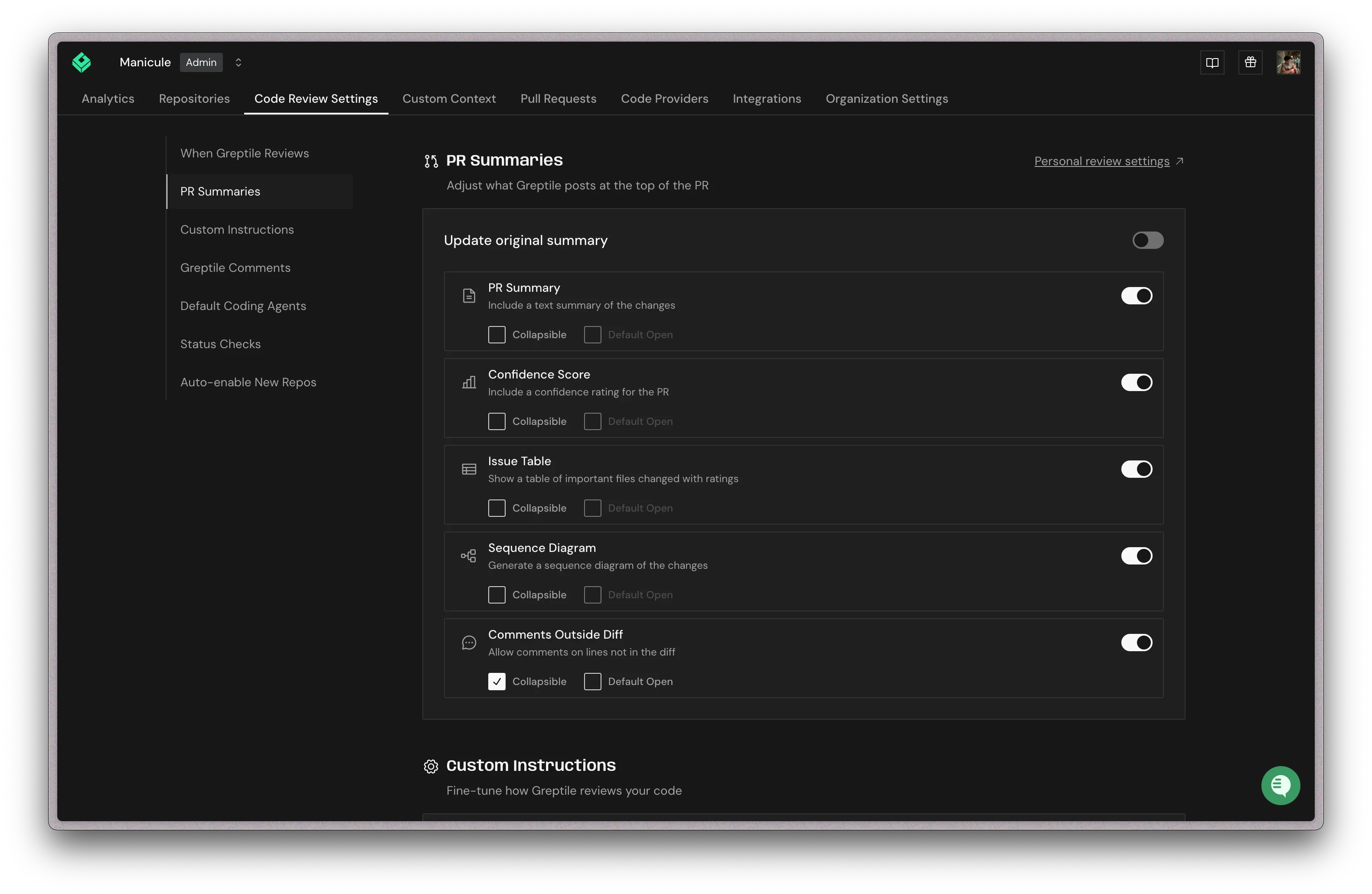 PR Summary settings in Code Review Settings