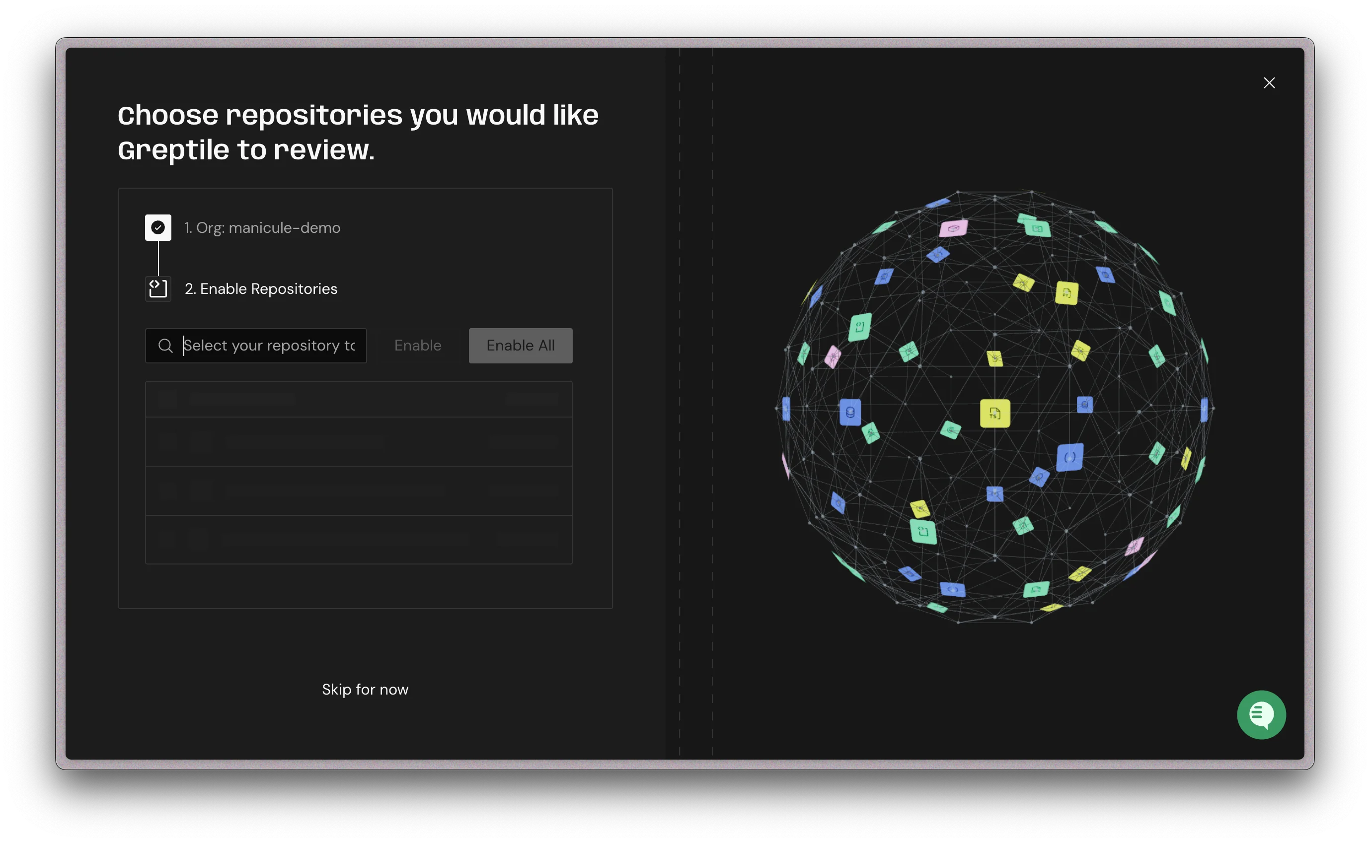 Greptile onboarding screen for enabling GitHub repositories for review