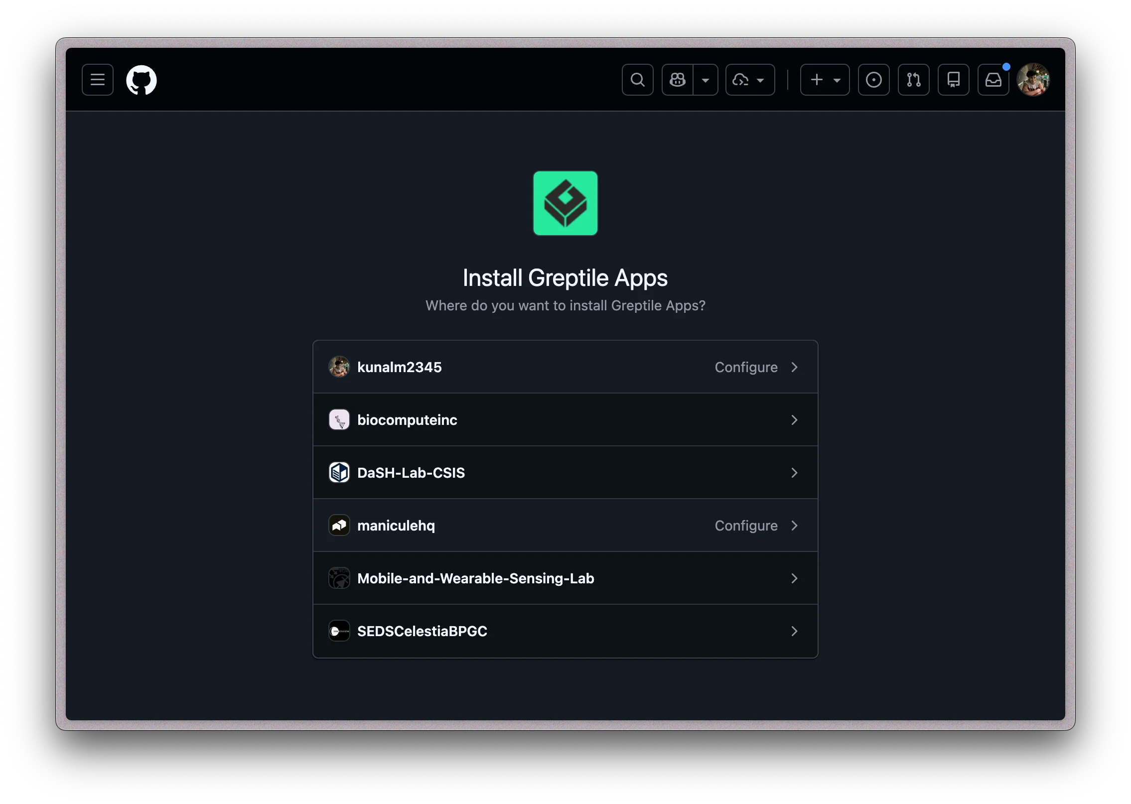 GitHub Greptile Apps install page with account and organization options