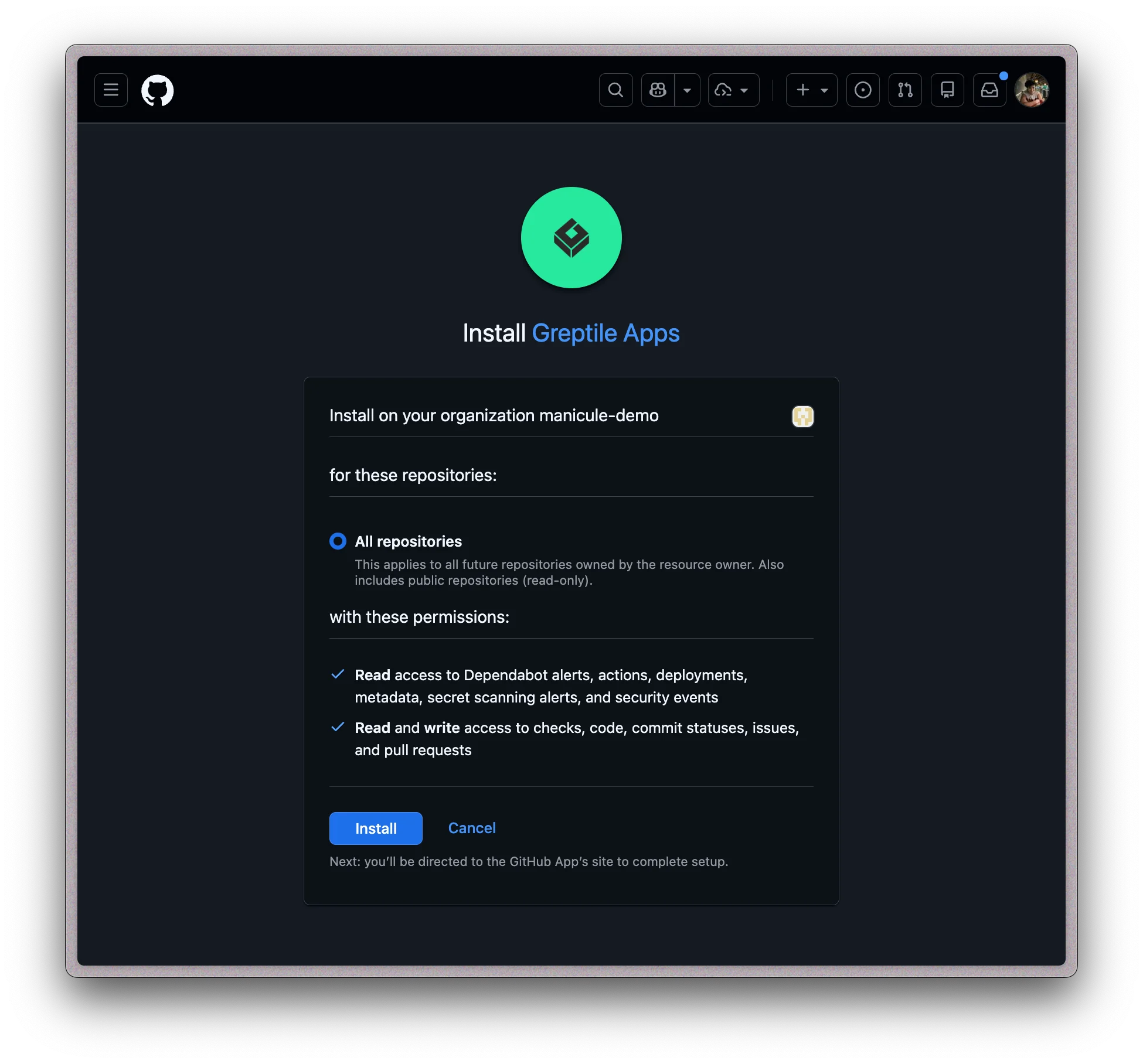 GitHub App install page with repository access and permissions