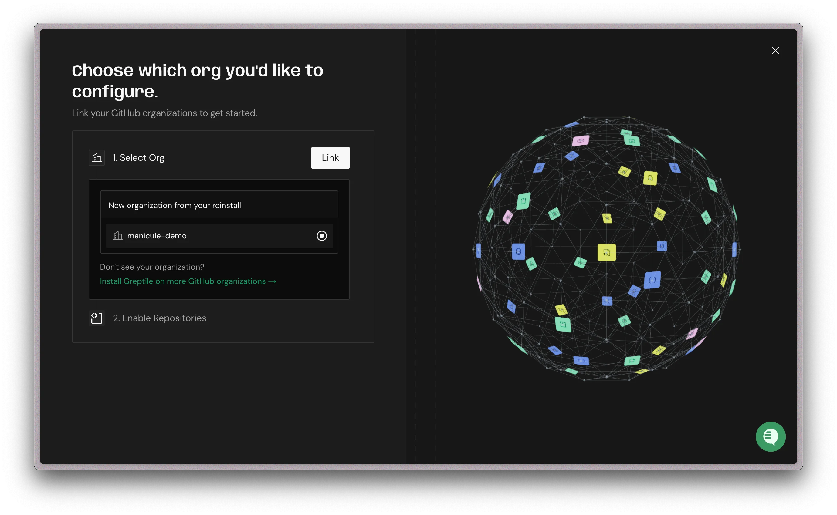 Greptile onboarding screen for selecting a GitHub organization to link