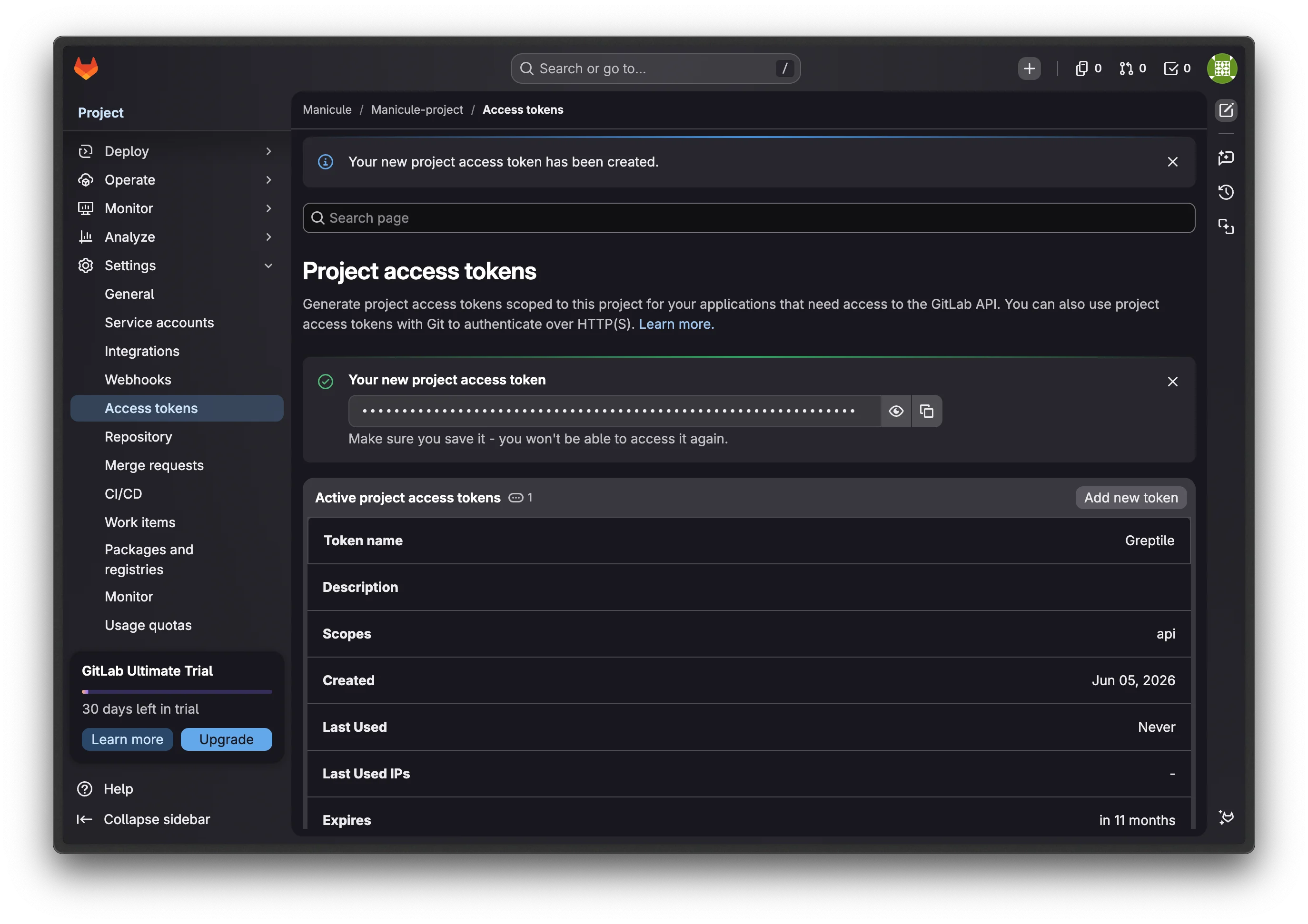 GitLab page showing the newly created project access token