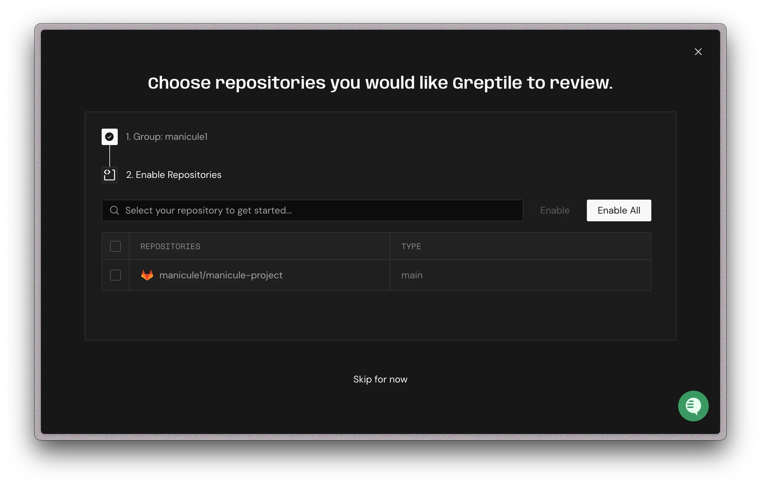 Greptile onboarding screen for enabling GitLab repositories for review