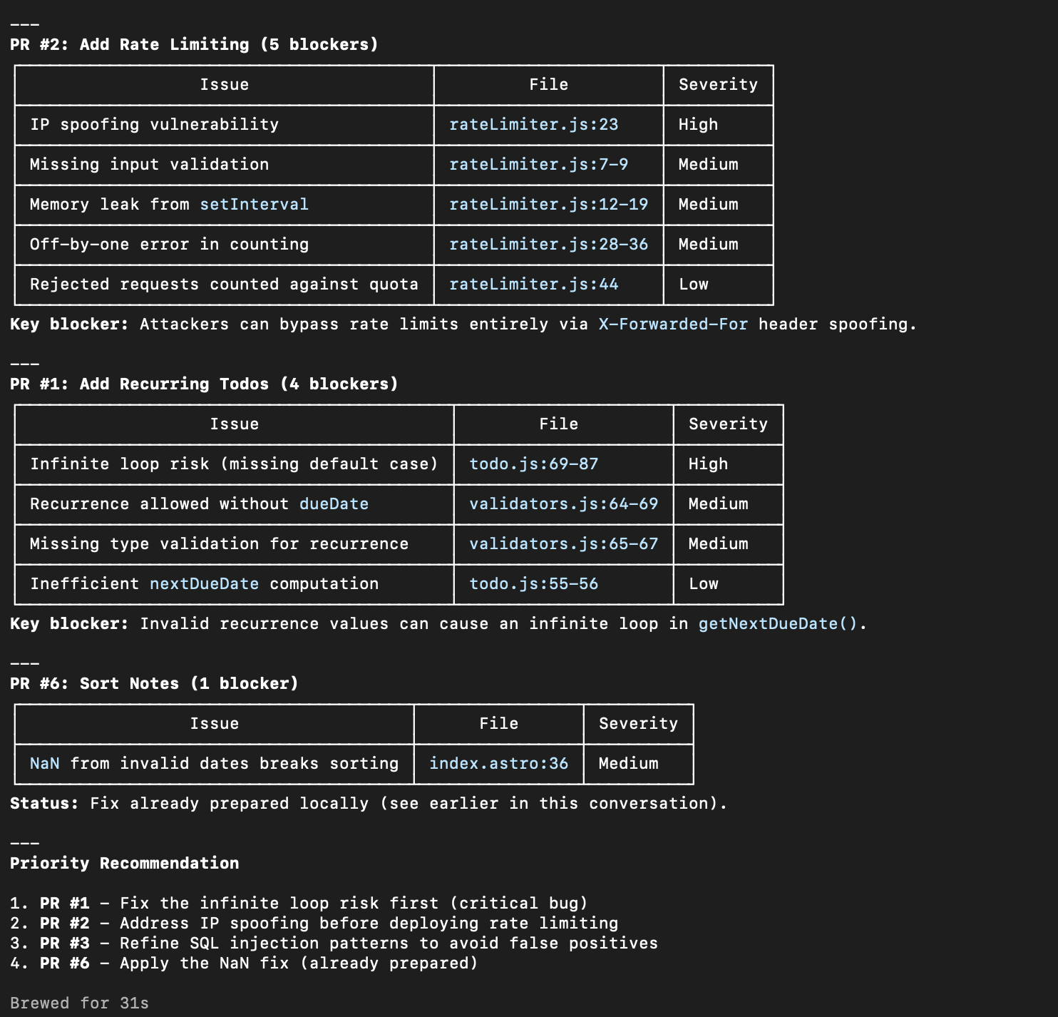 Claude Code summarizing blocking issues across PRs