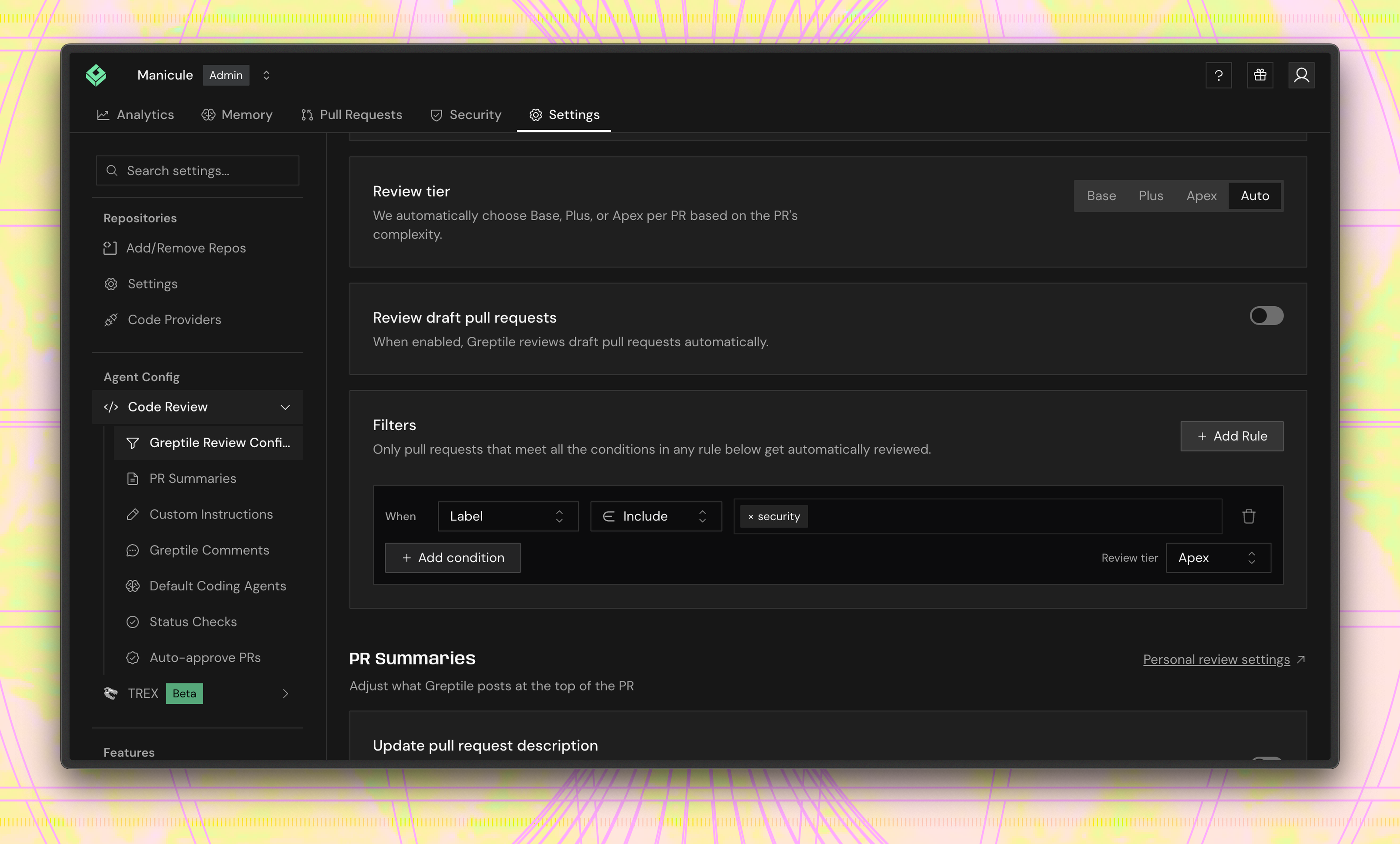 Filter rule where Label includes security, with Review tier set to Apex