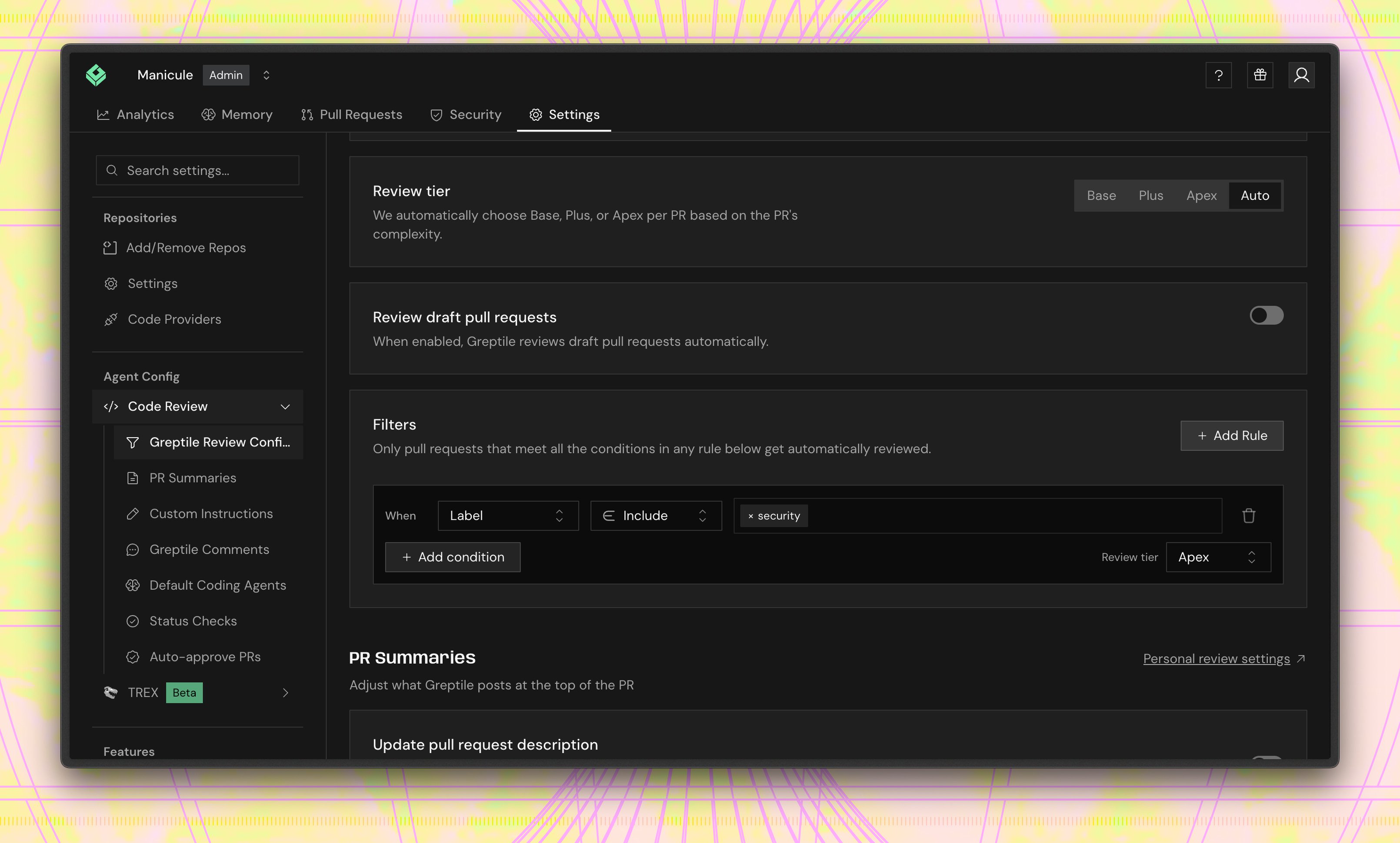 Filter rule where Label includes security, with Review tier set to Apex