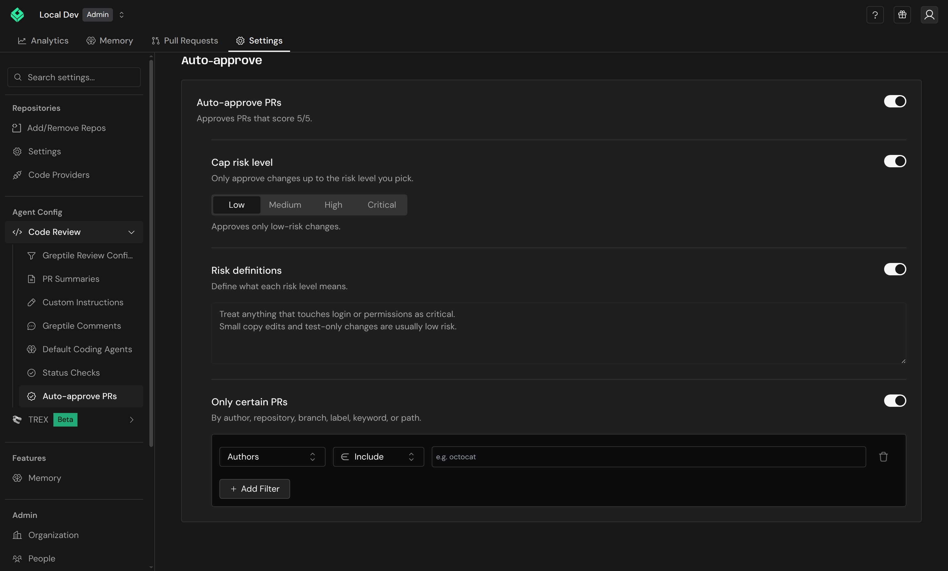 Auto-approve settings: Auto-approve PRs toggle with Cap risk level, Risk definitions, and Only certain PRs options