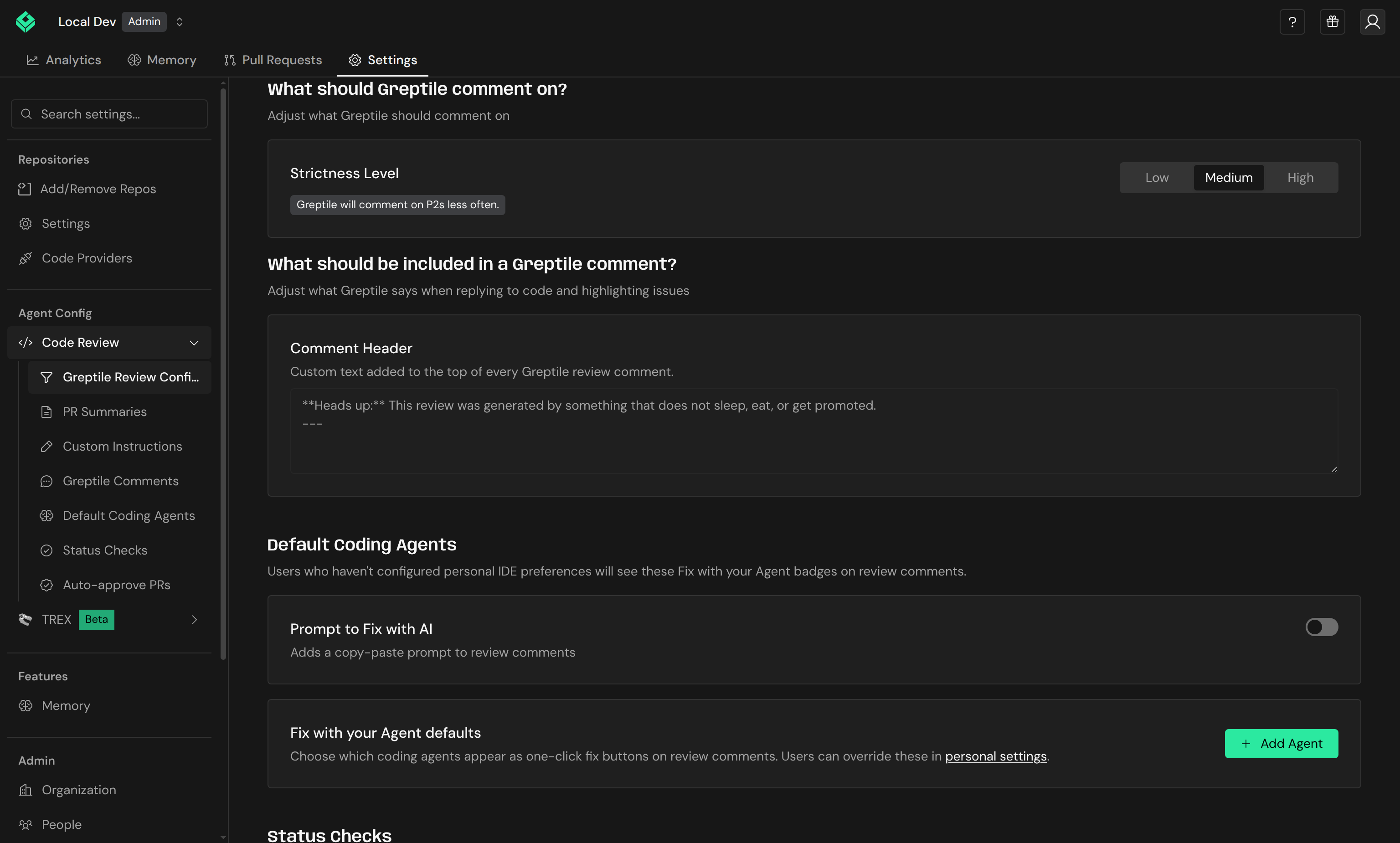 Greptile Comments settings with strictness level options