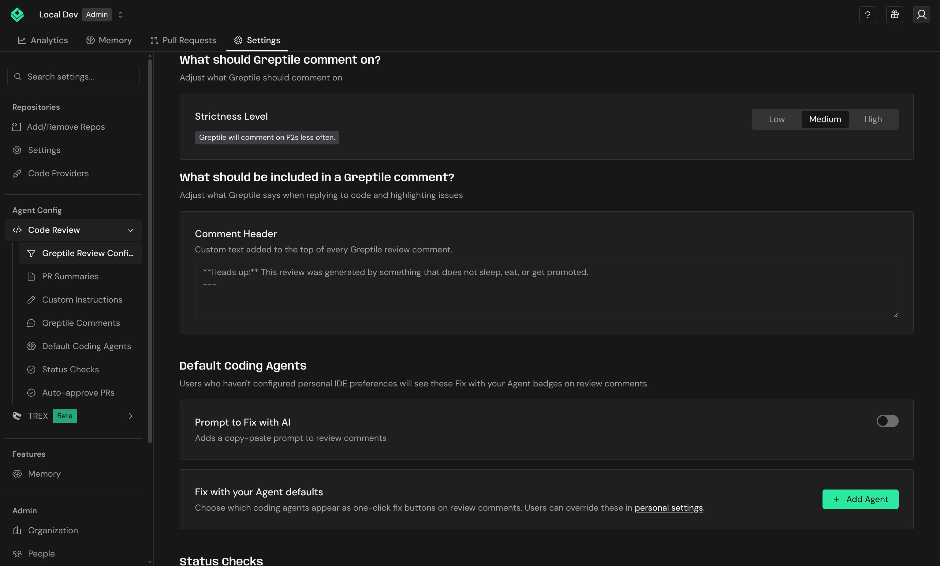 Greptile Comments settings with strictness level options
