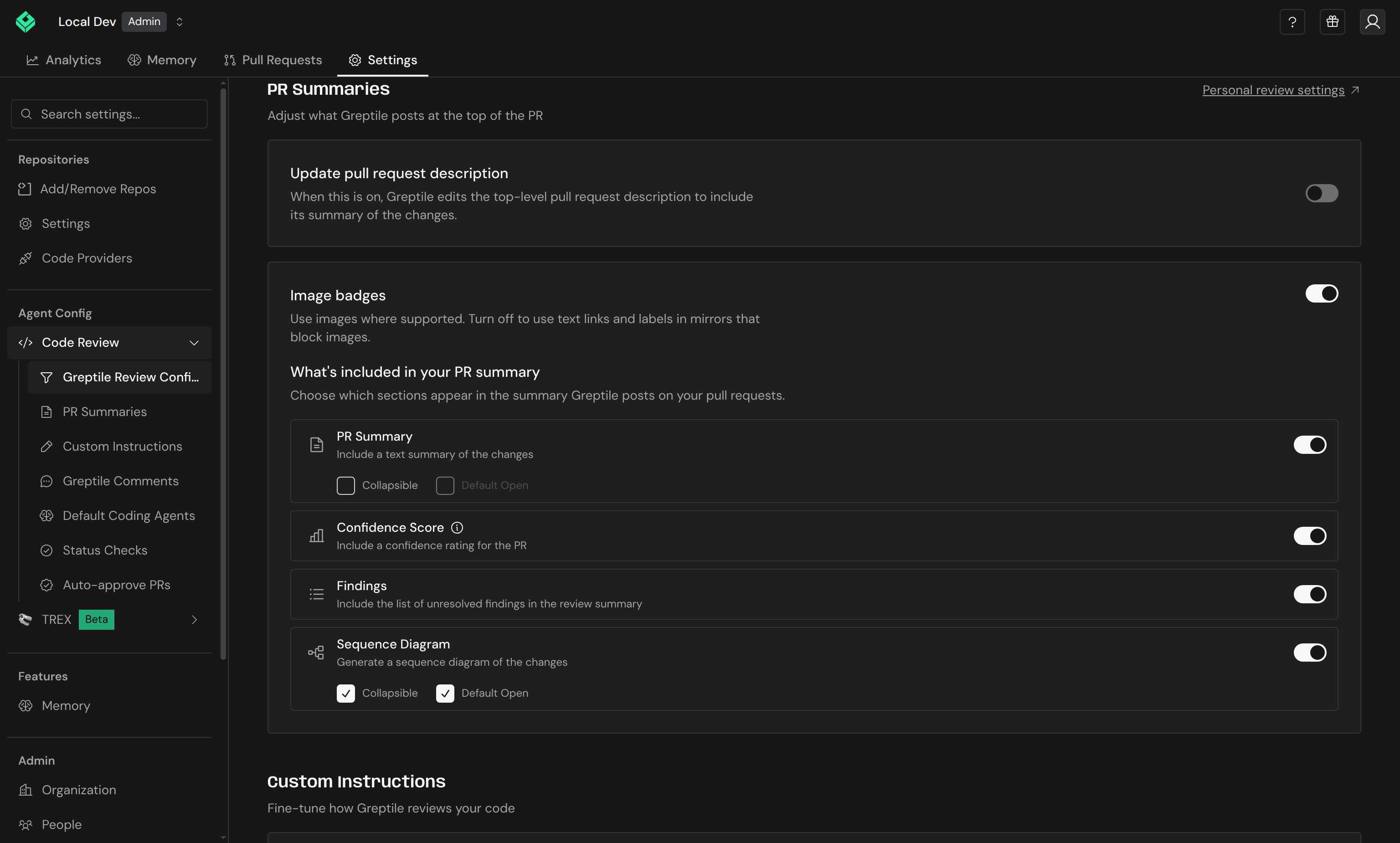 PR Summaries settings