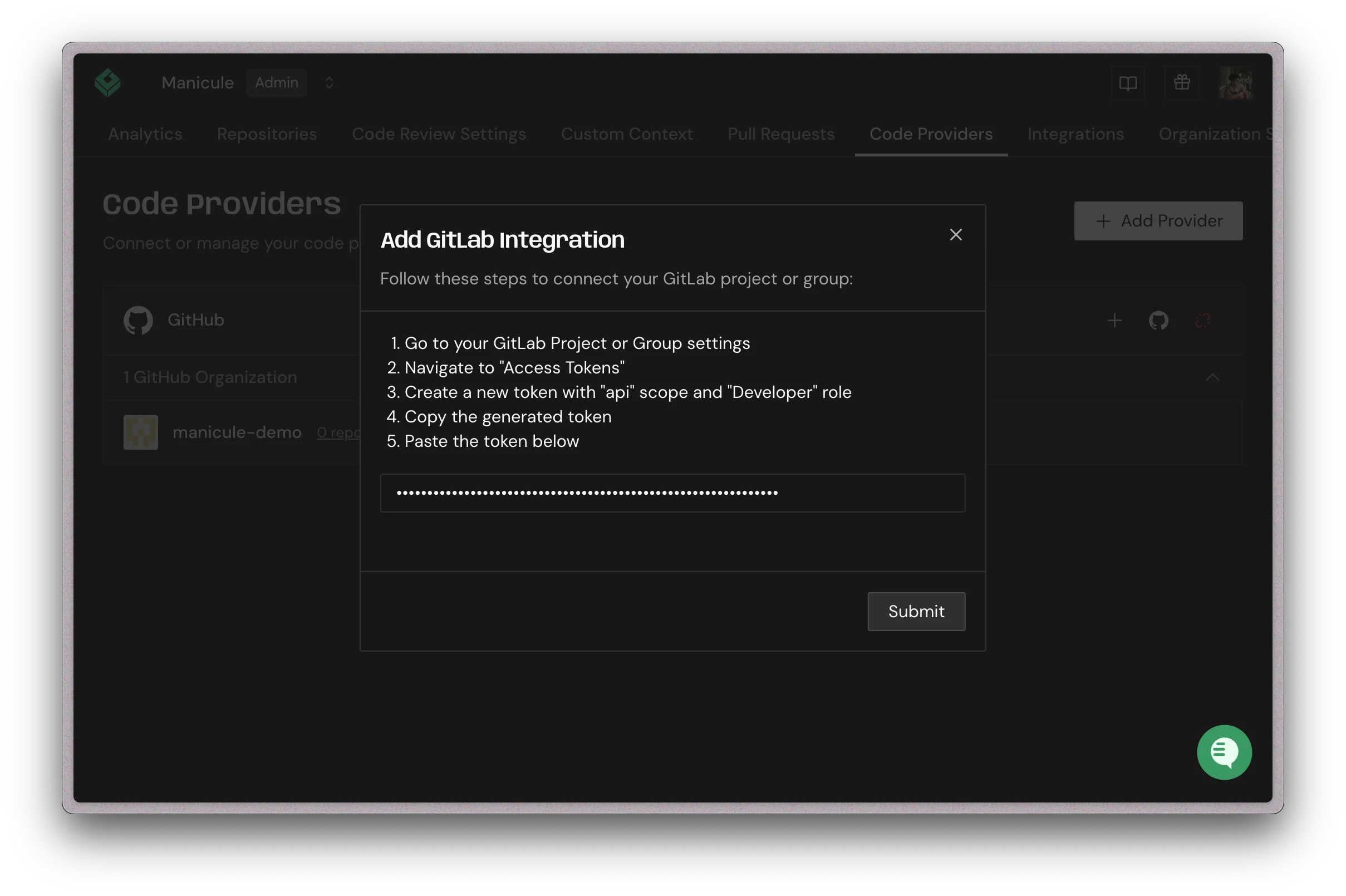 Greptile modal with GitLab integration token instructions