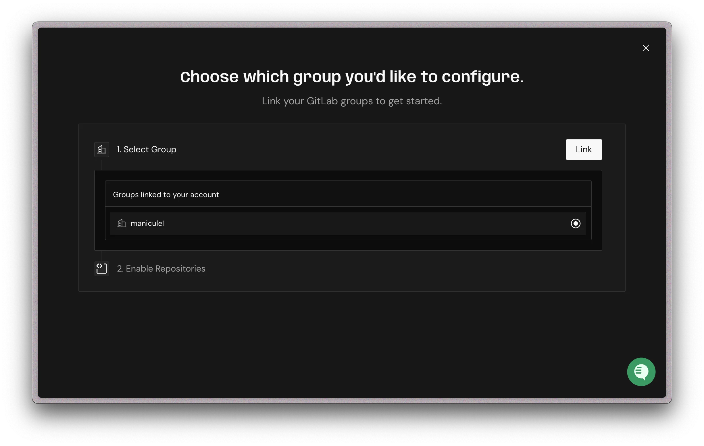 Greptile onboarding screen for selecting a GitLab group to link