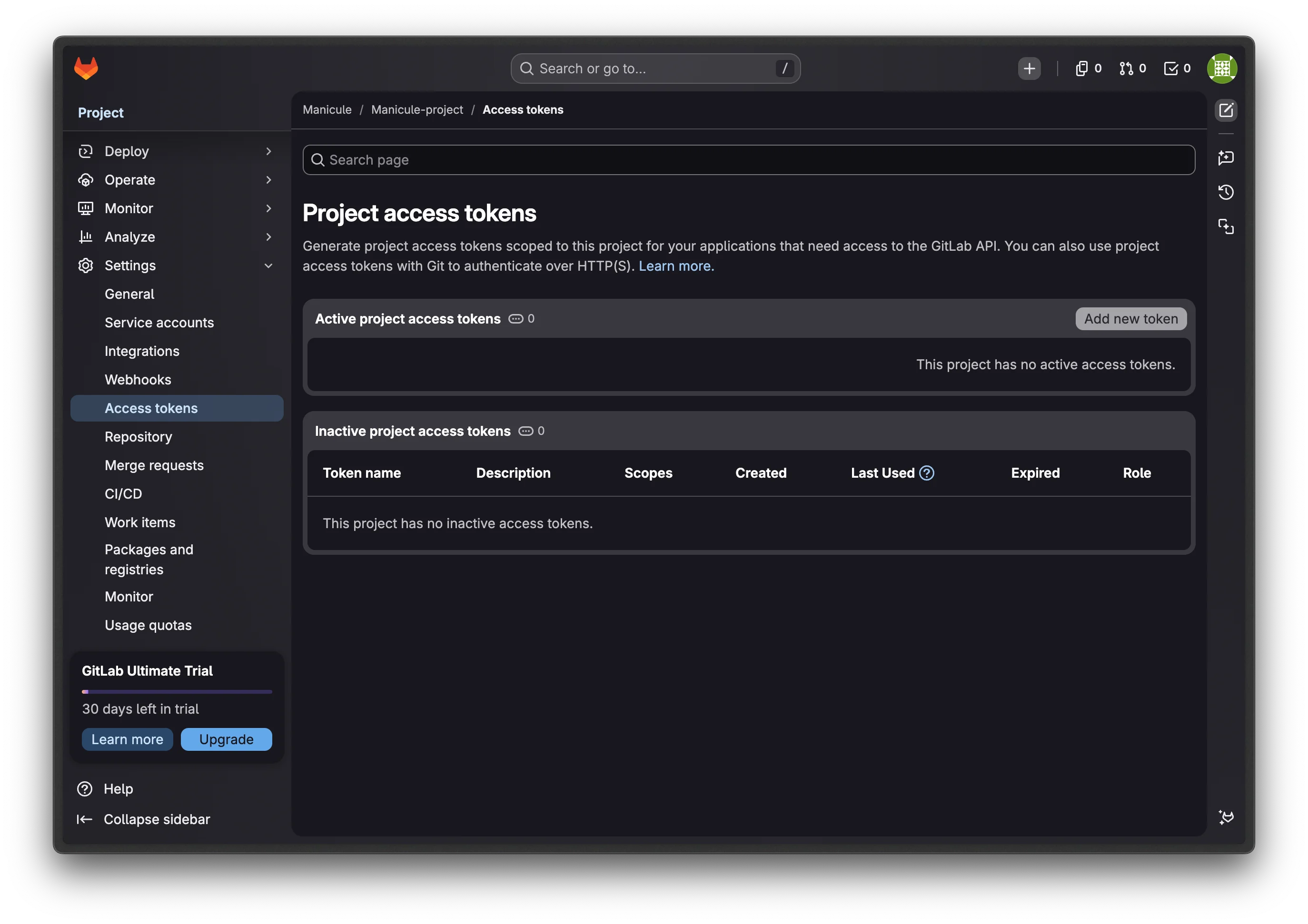 GitLab project access tokens page with Add new token button