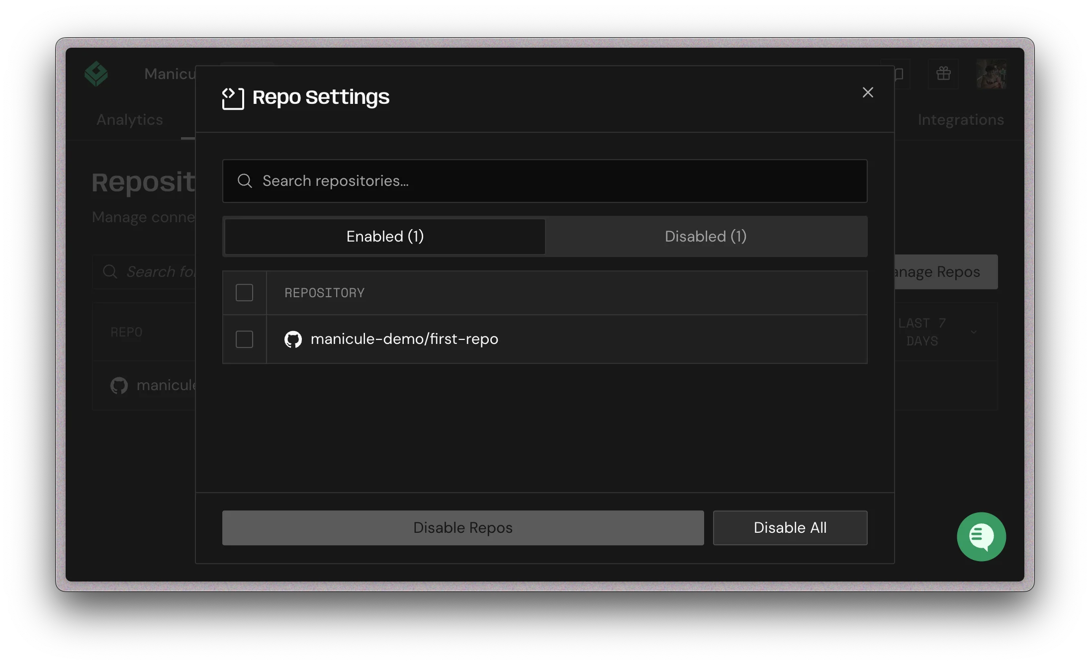 Repo Settings modal for enabling and disabling repositories