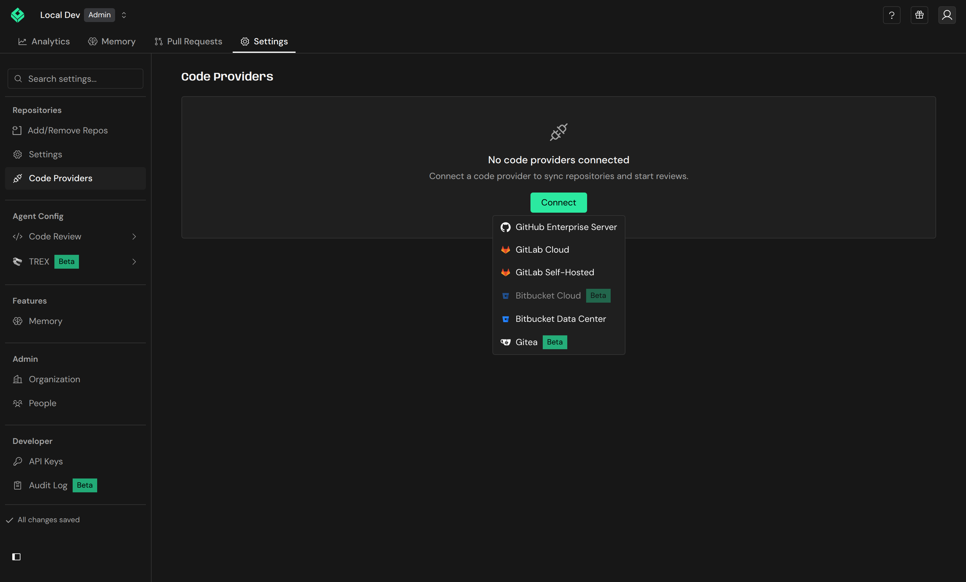 Code Providers page with the Connect menu open