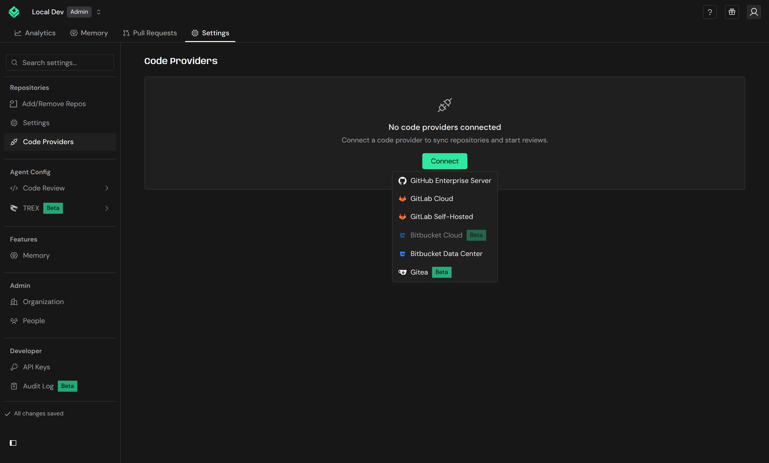 Code Providers page with the Connect menu open