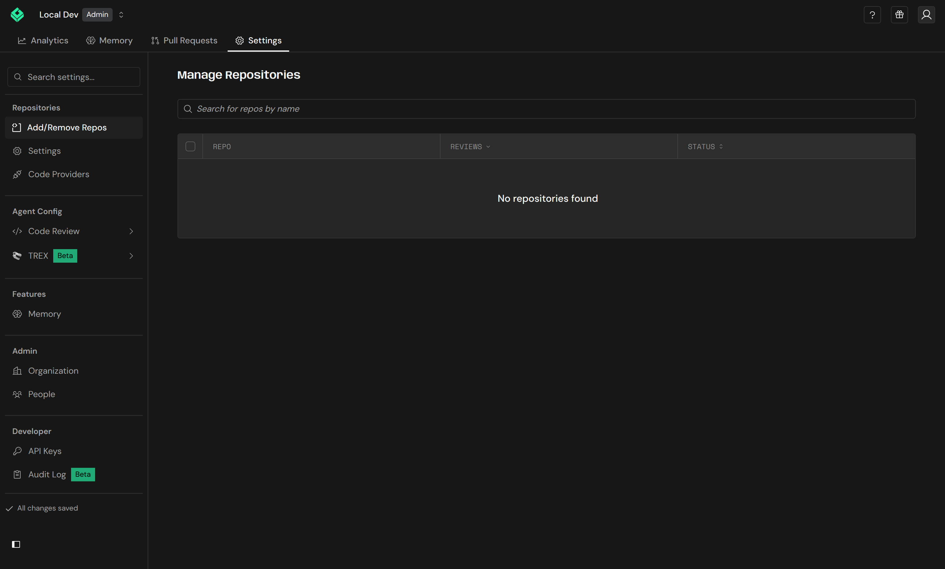 Manage Repositories page with the repository table