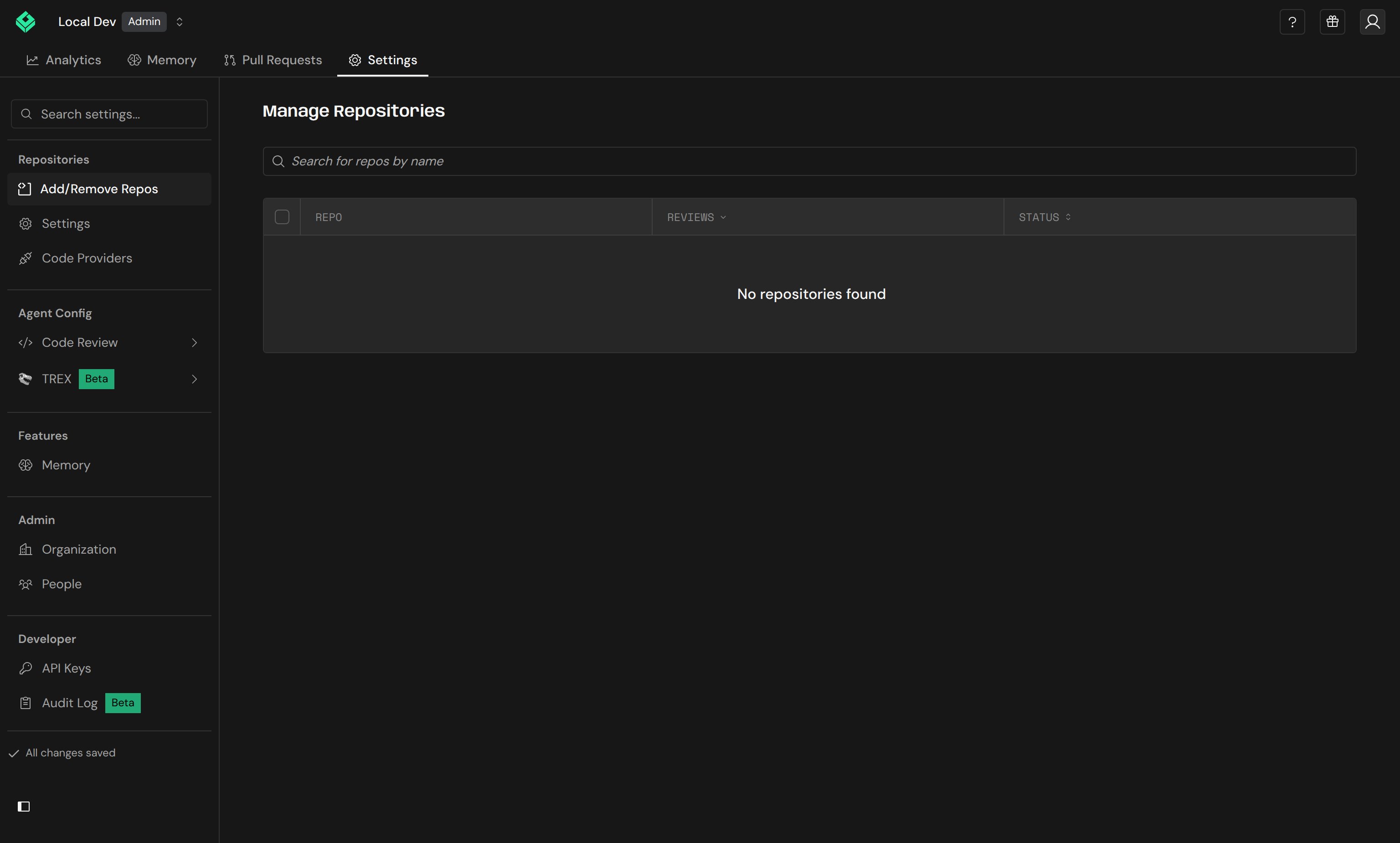 Manage Repositories page with the repository table
