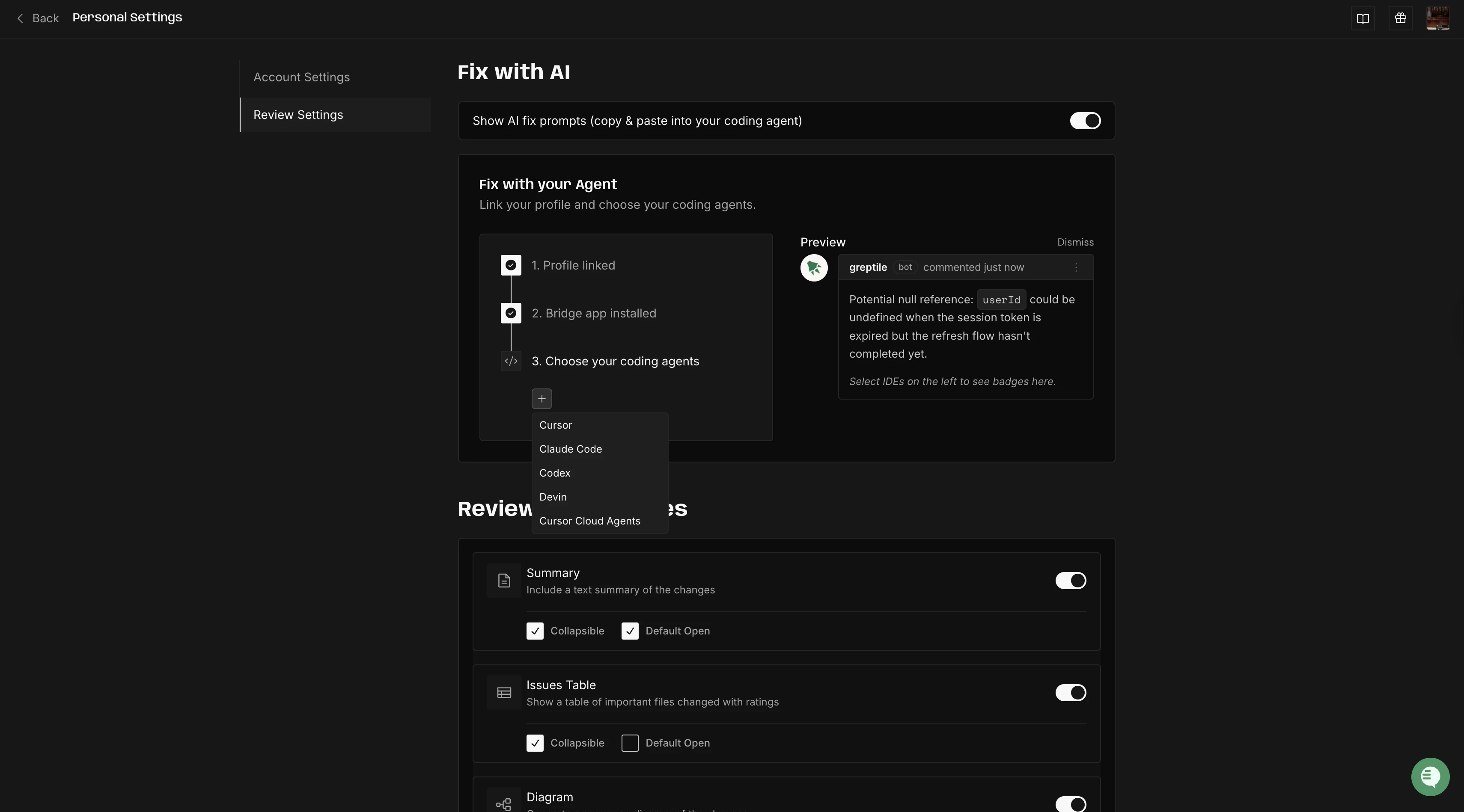 Agent selection dropdown showing Cursor, Codex, and Devin options