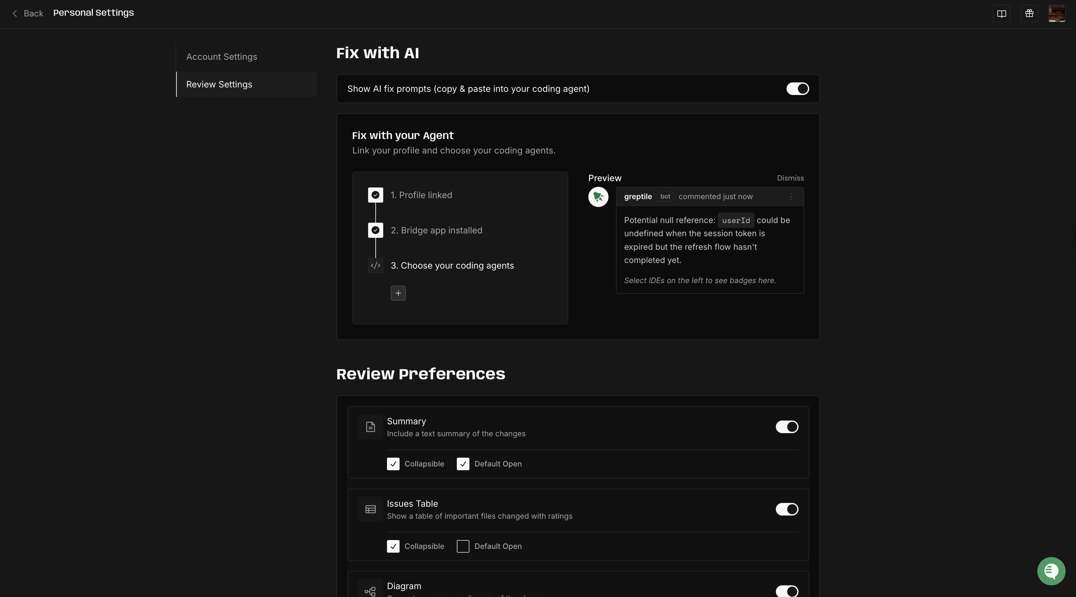Review Settings page showing Fix in X section with bridge install instructions