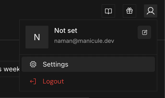 Profile dropdown menu showing Settings option
