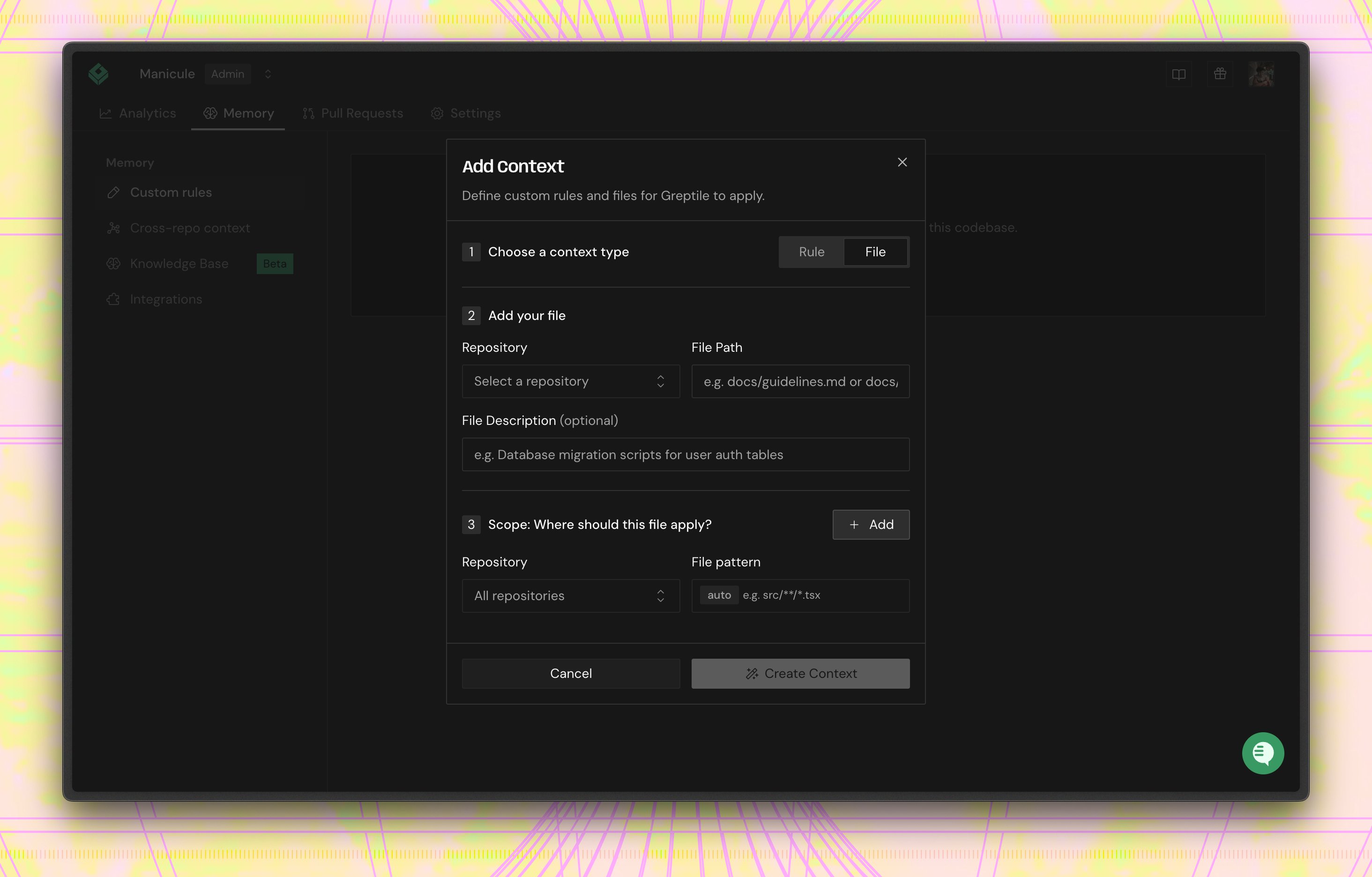 Add Context dialog with the File context type
