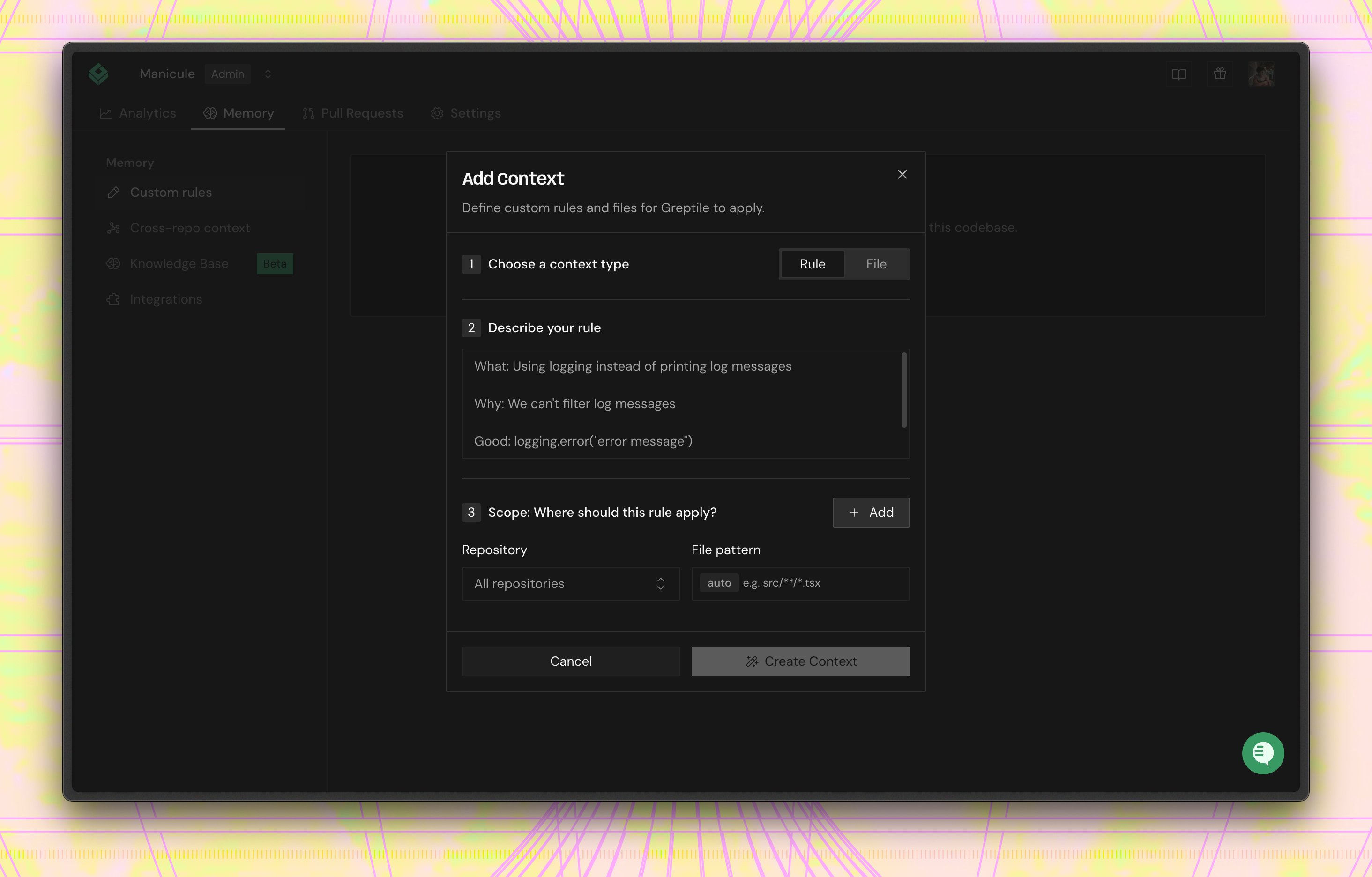 Add Context dialog with the Rule context type