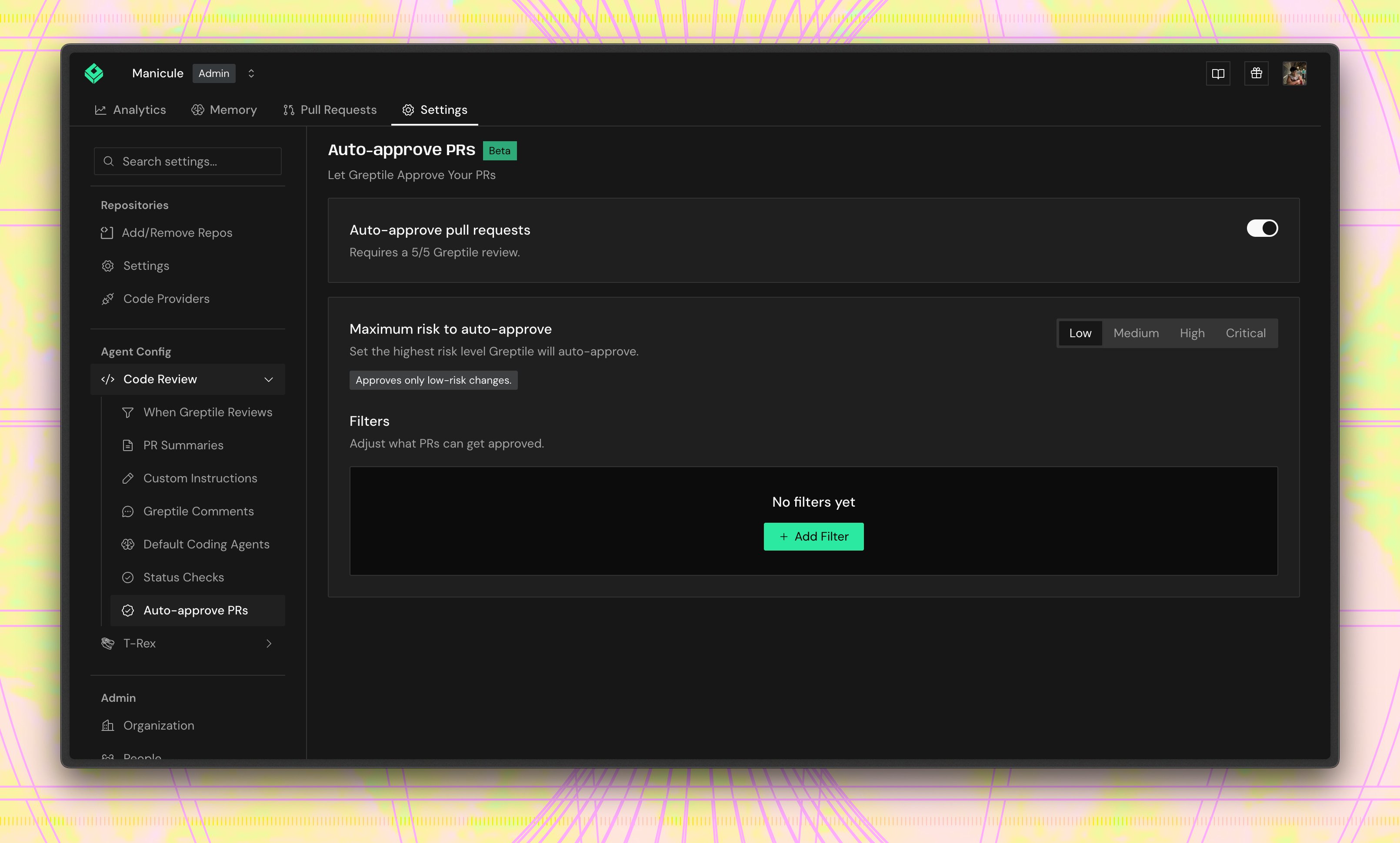 Auto-approve settings: toggle auto-approve, set the maximum risk to auto-approve, and add filters