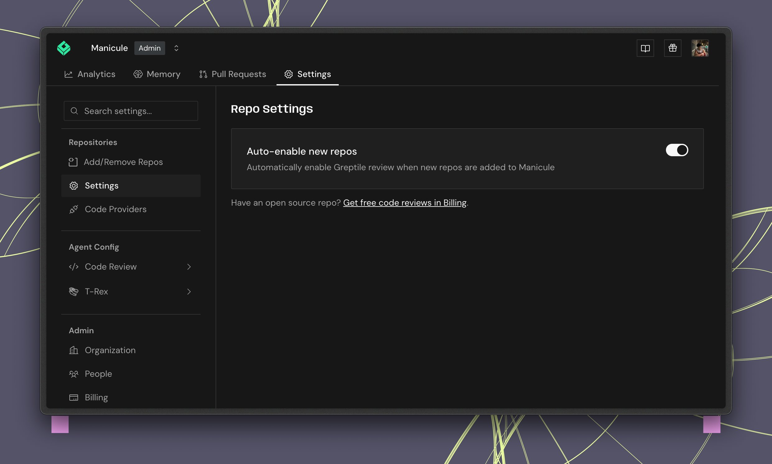 Repo Settings with the Auto-enable new repos toggle