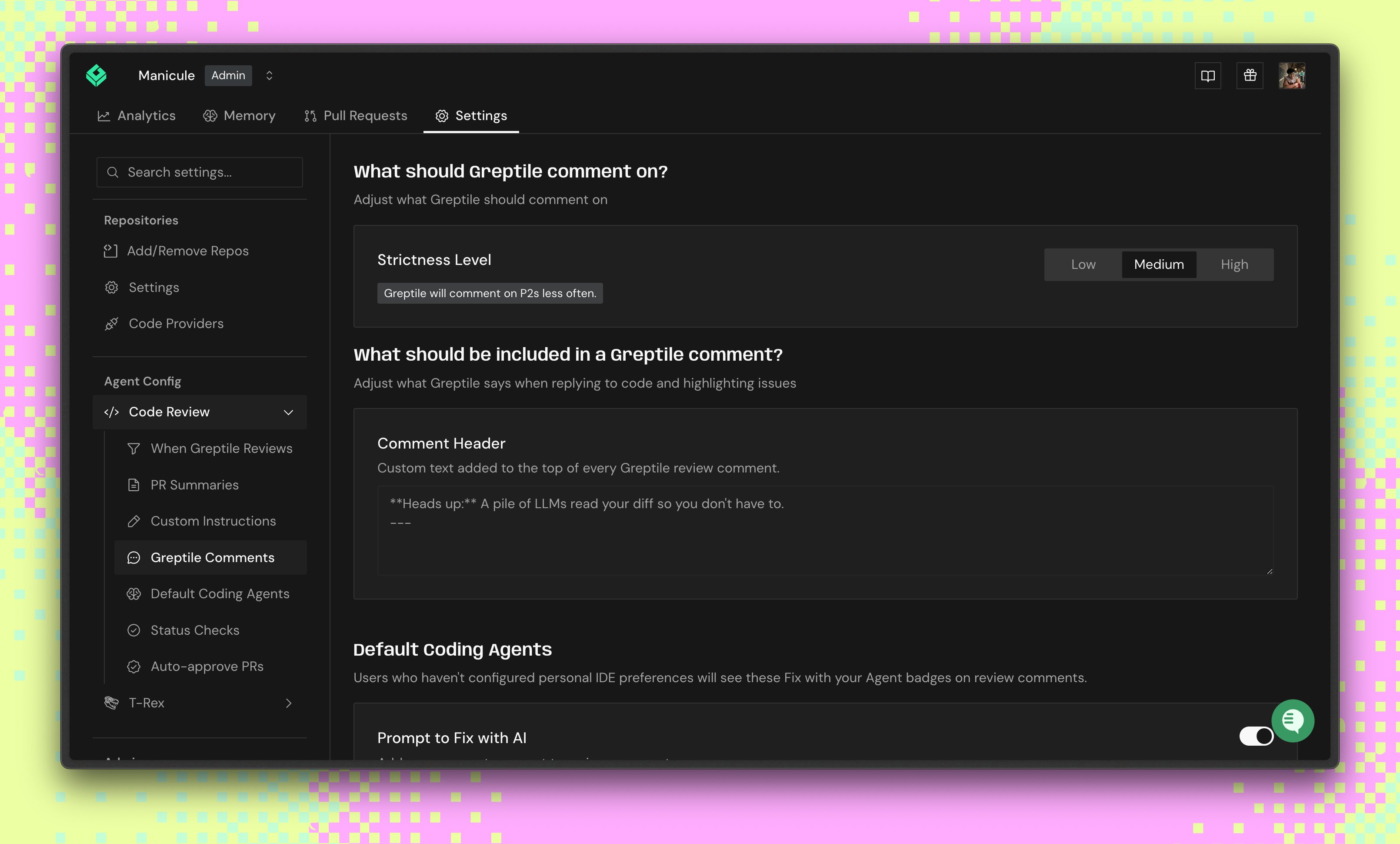Greptile Comments settings with strictness level options