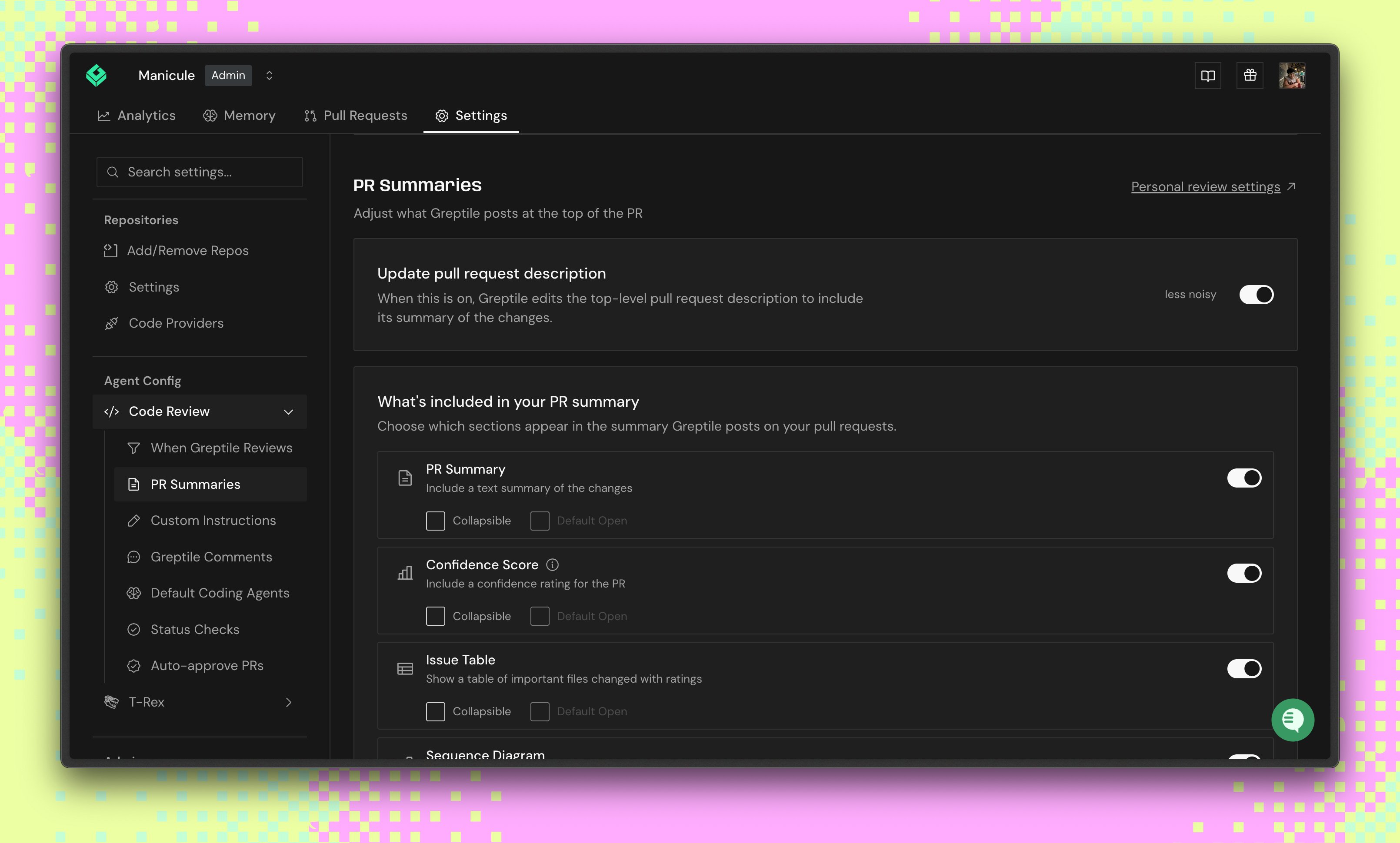 PR Summary settings in Code Review Settings