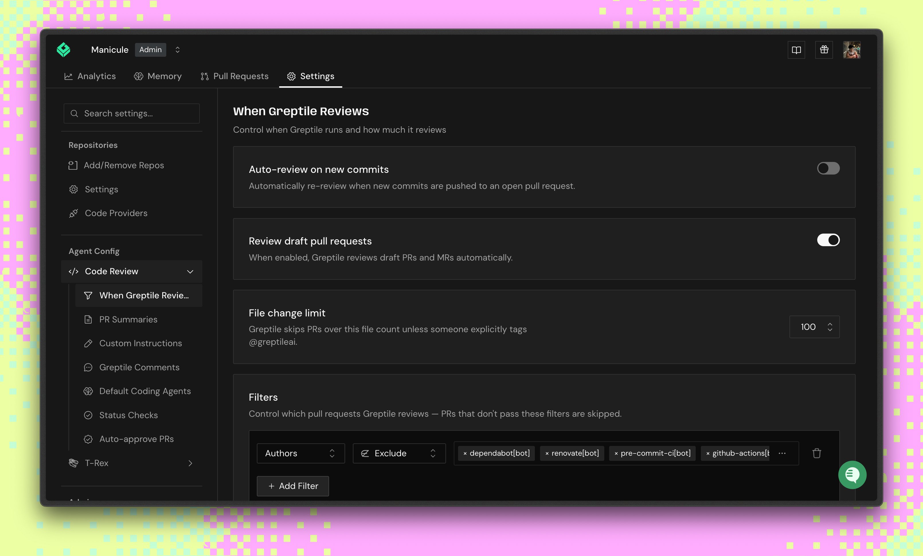 When Greptile Reviews settings with review trigger options and filters