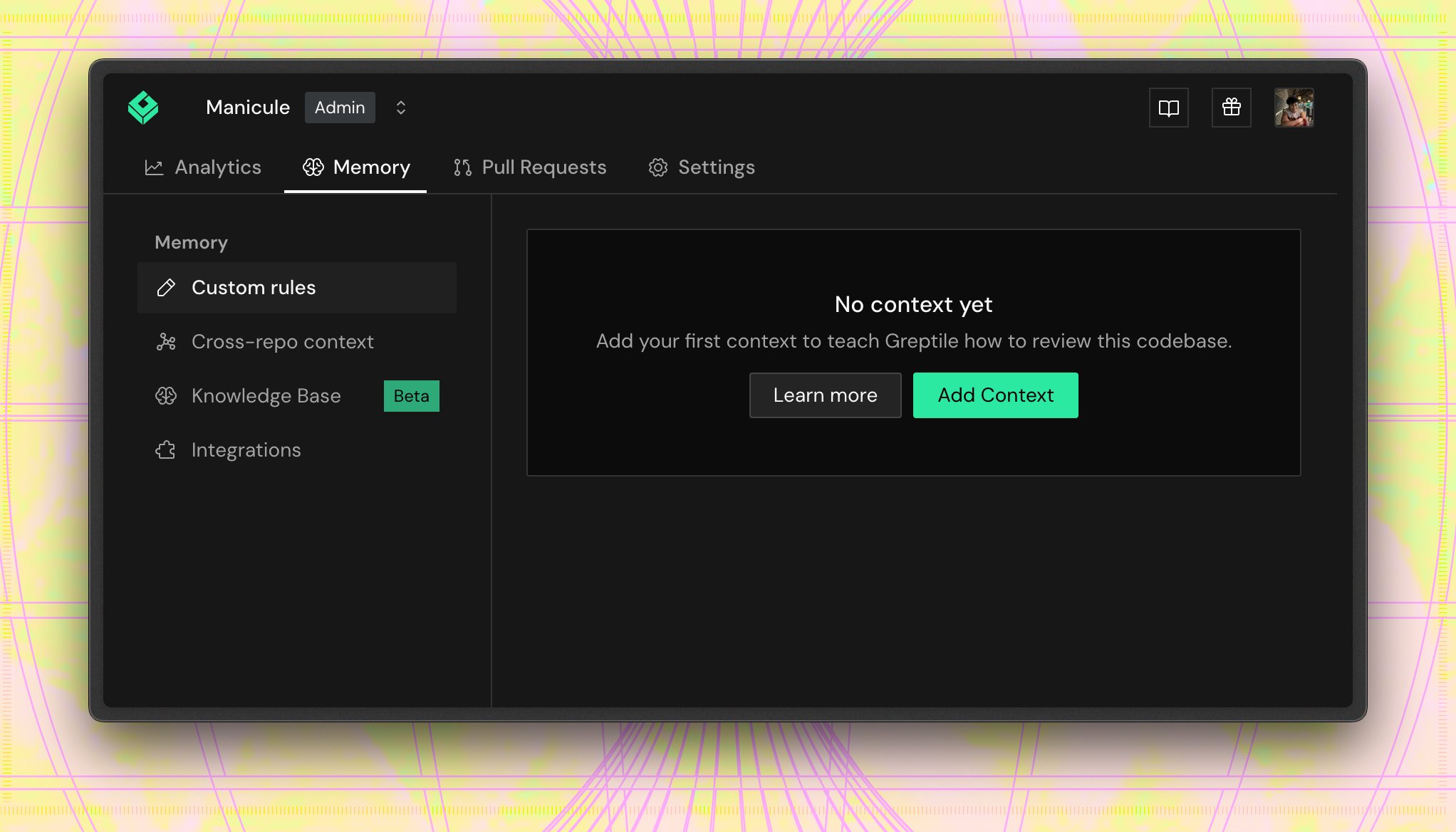 Custom rules page in the Memory tab