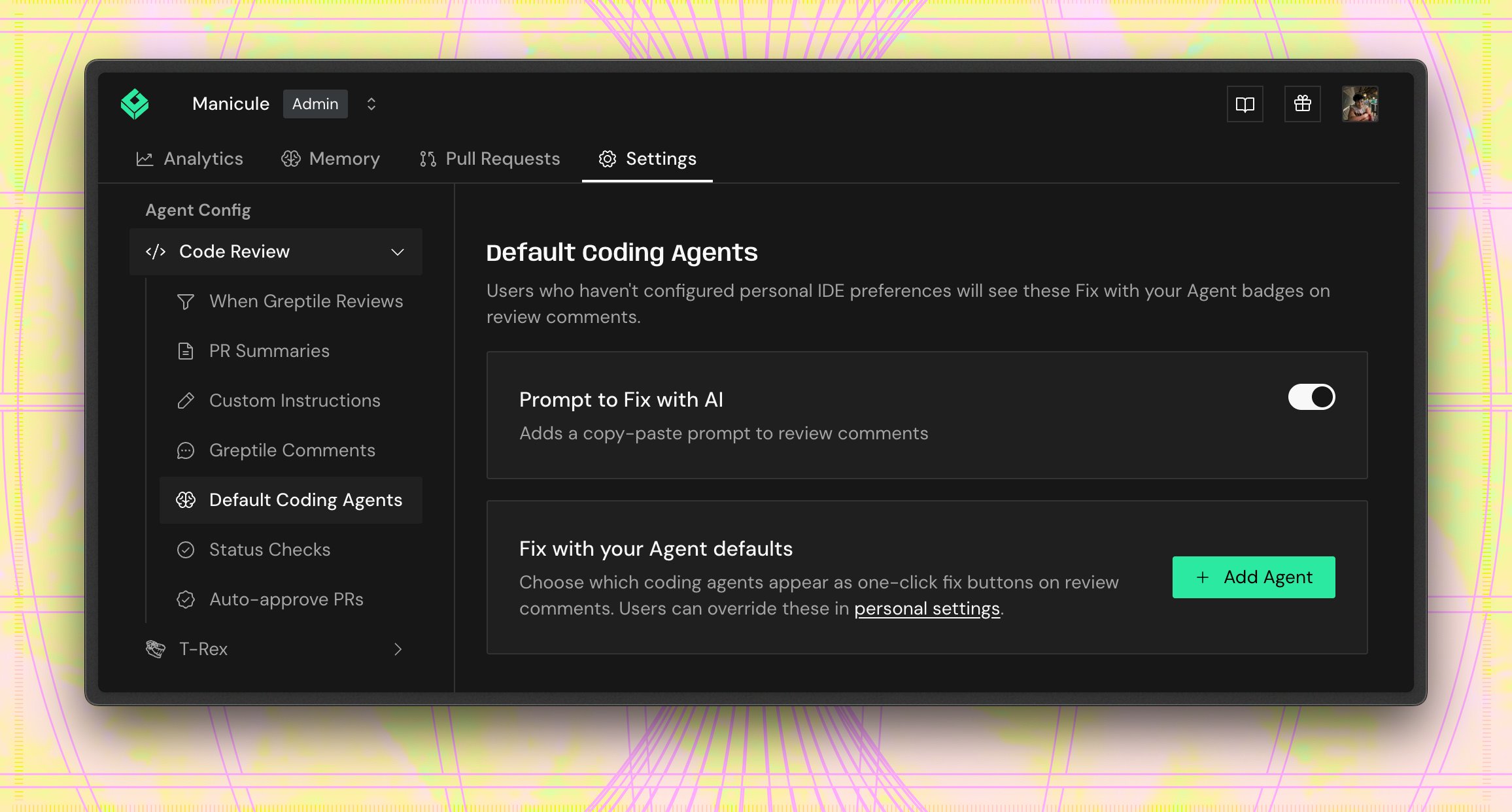 Default Coding Agents settings: prompt to Fix with AI and org-wide agent defaults