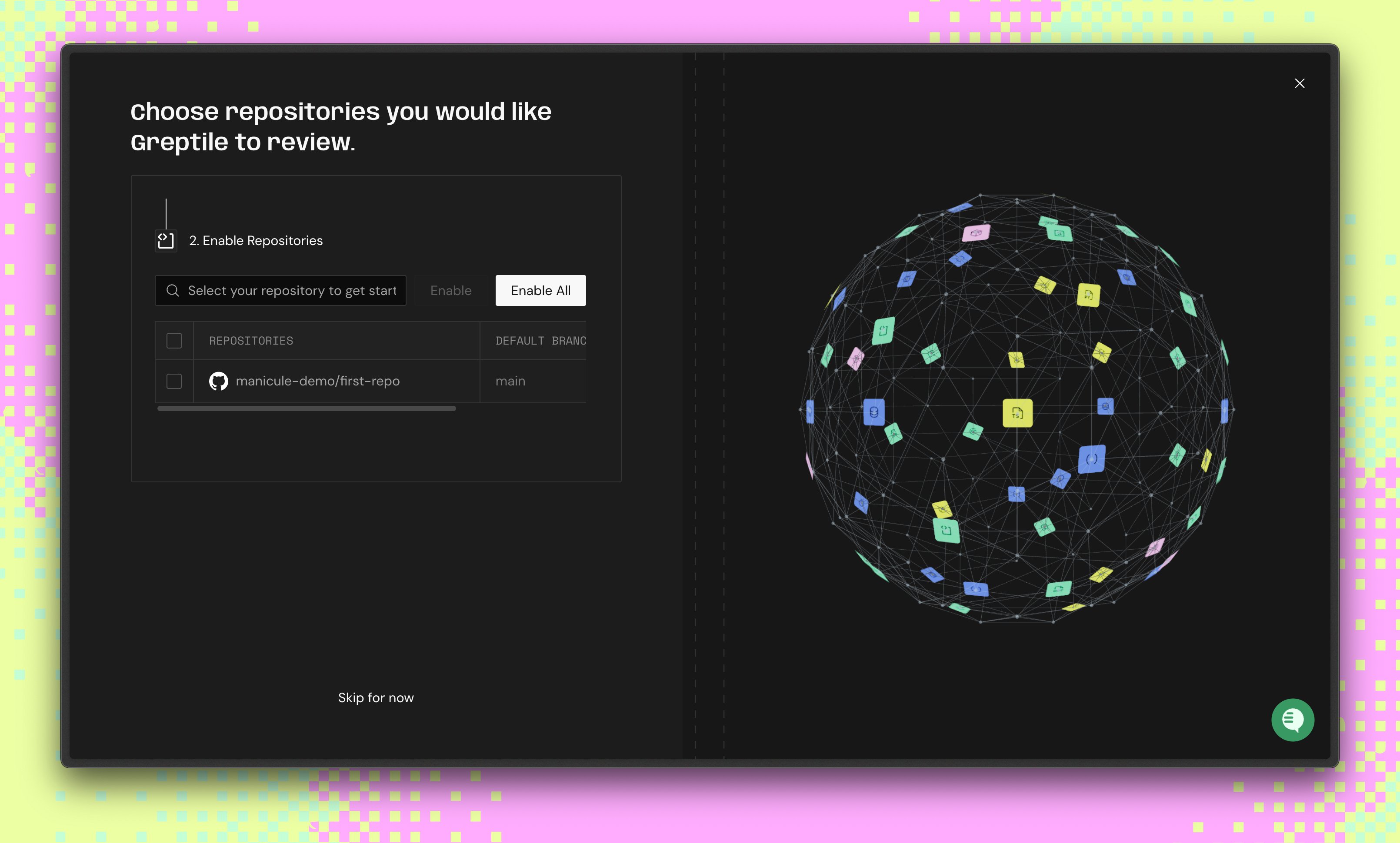 Greptile onboarding screen for enabling GitHub repositories for review