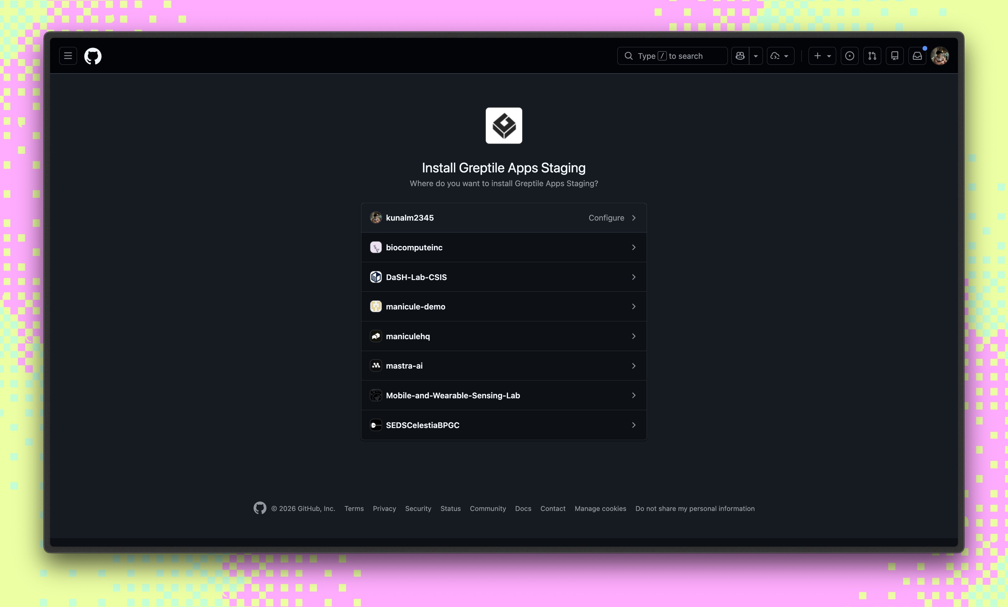 GitHub Greptile Apps install page with account and organization options
