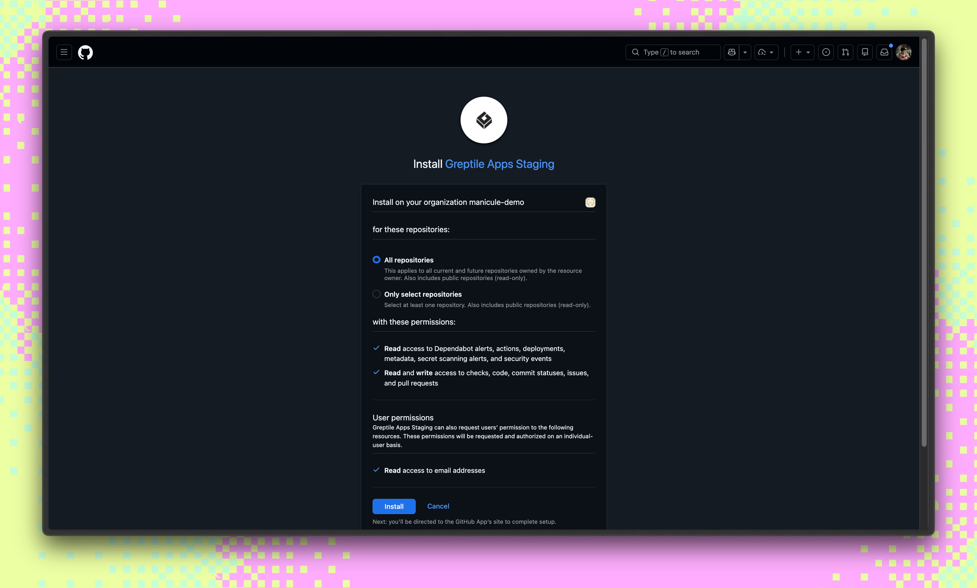 GitHub App install page with repository access and permissions