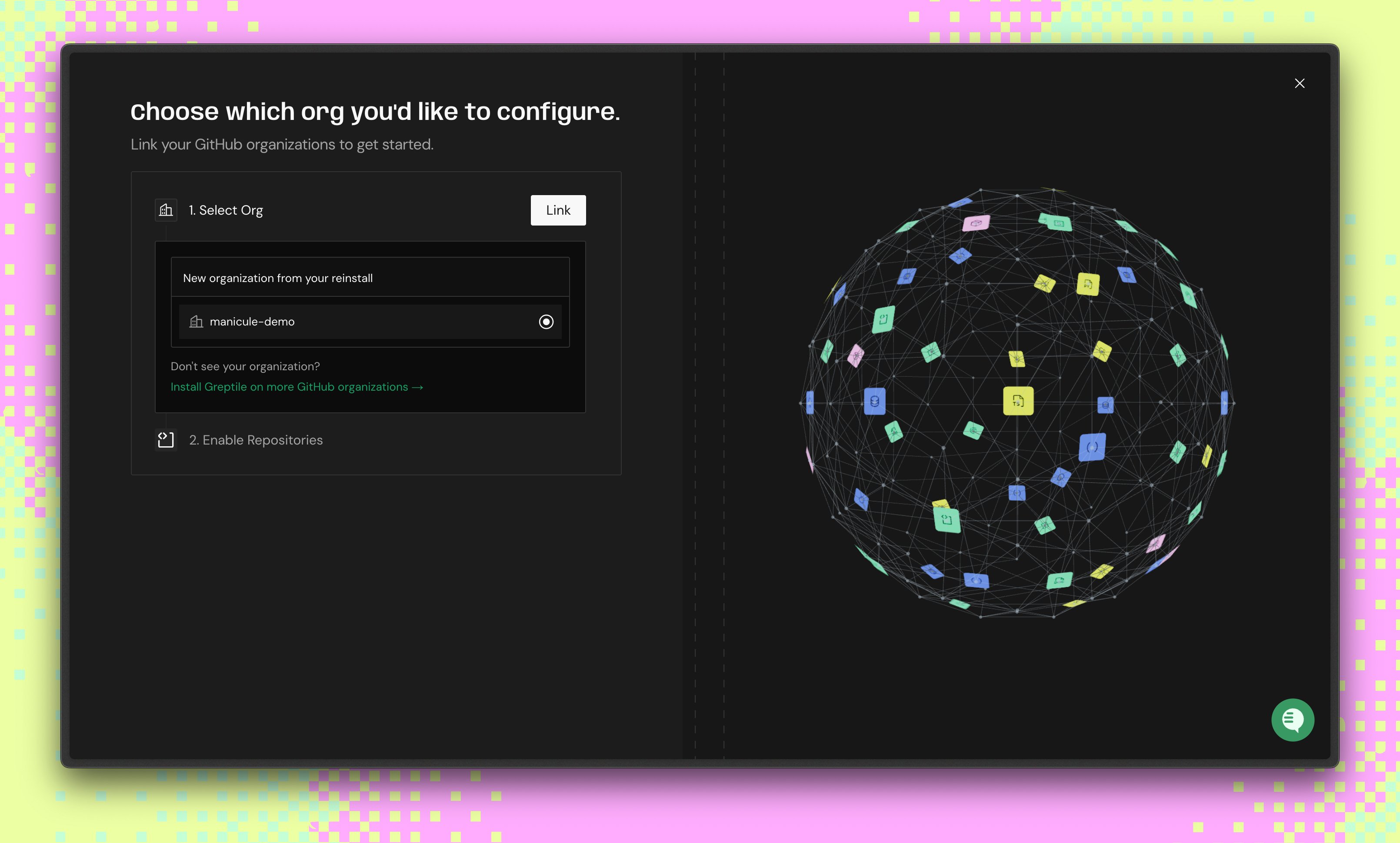 Greptile onboarding screen for selecting a GitHub organization to link