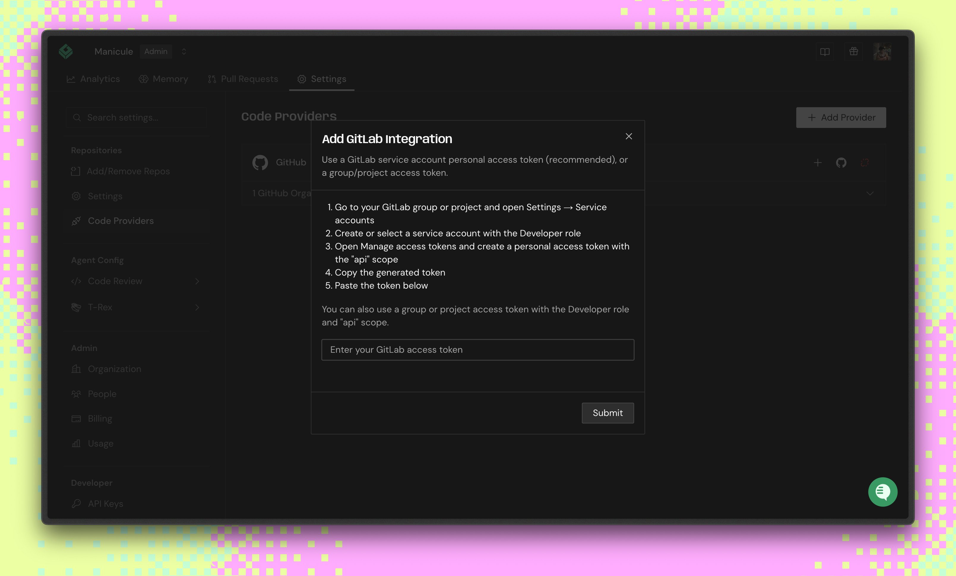 Greptile modal with GitLab integration token instructions