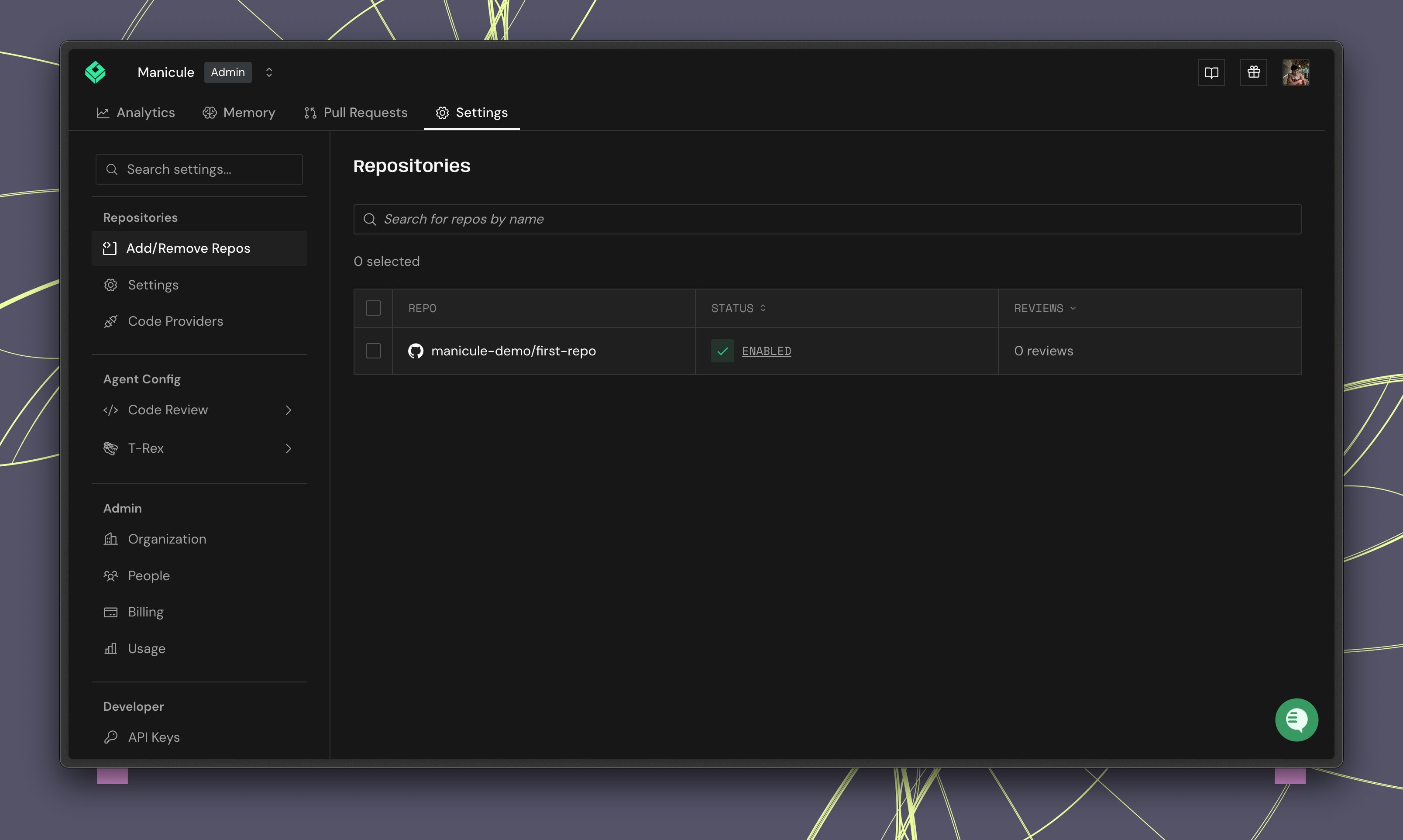 Add/Remove Repos page with repository list and status