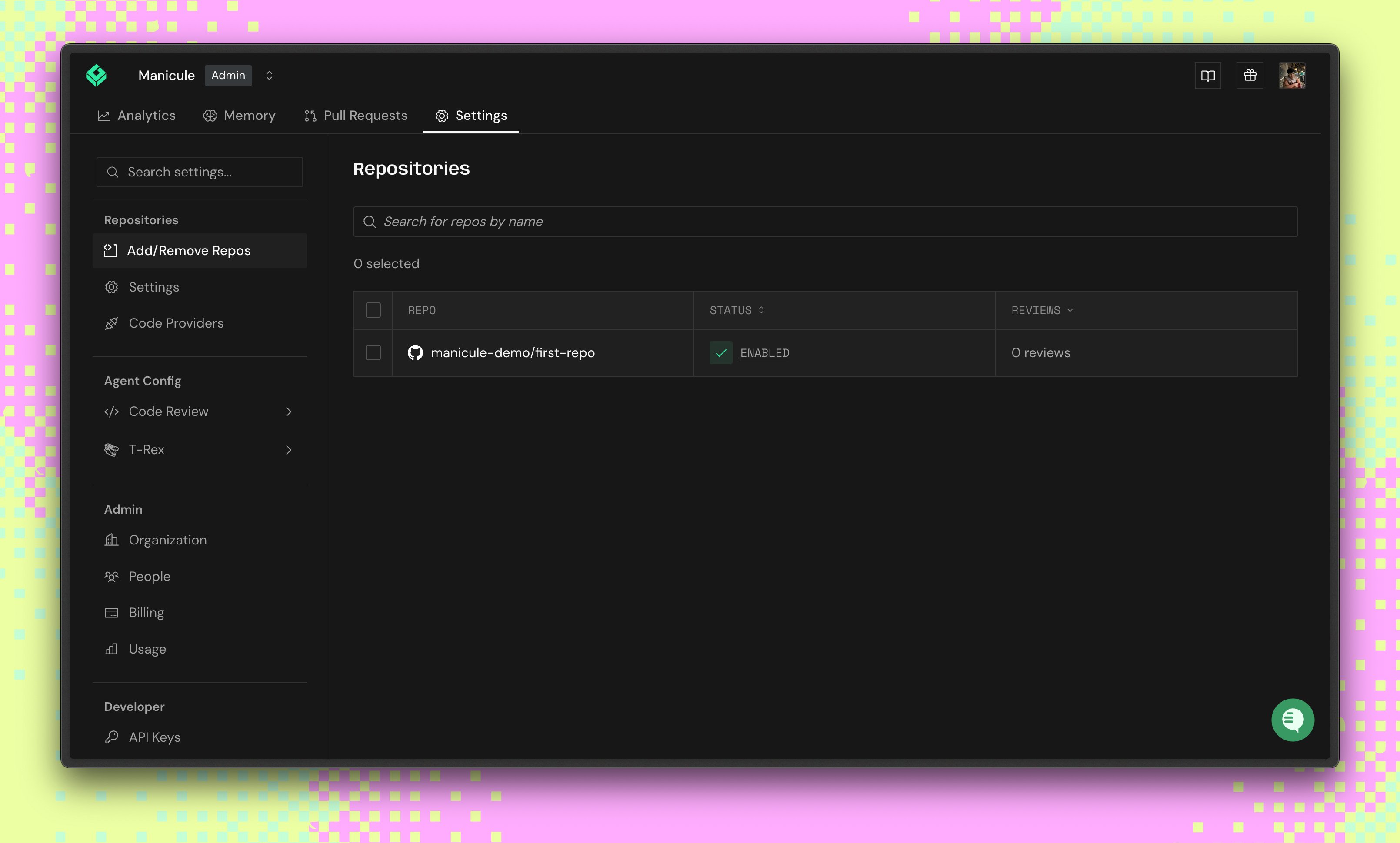 Repo Settings modal for enabling and disabling repositories