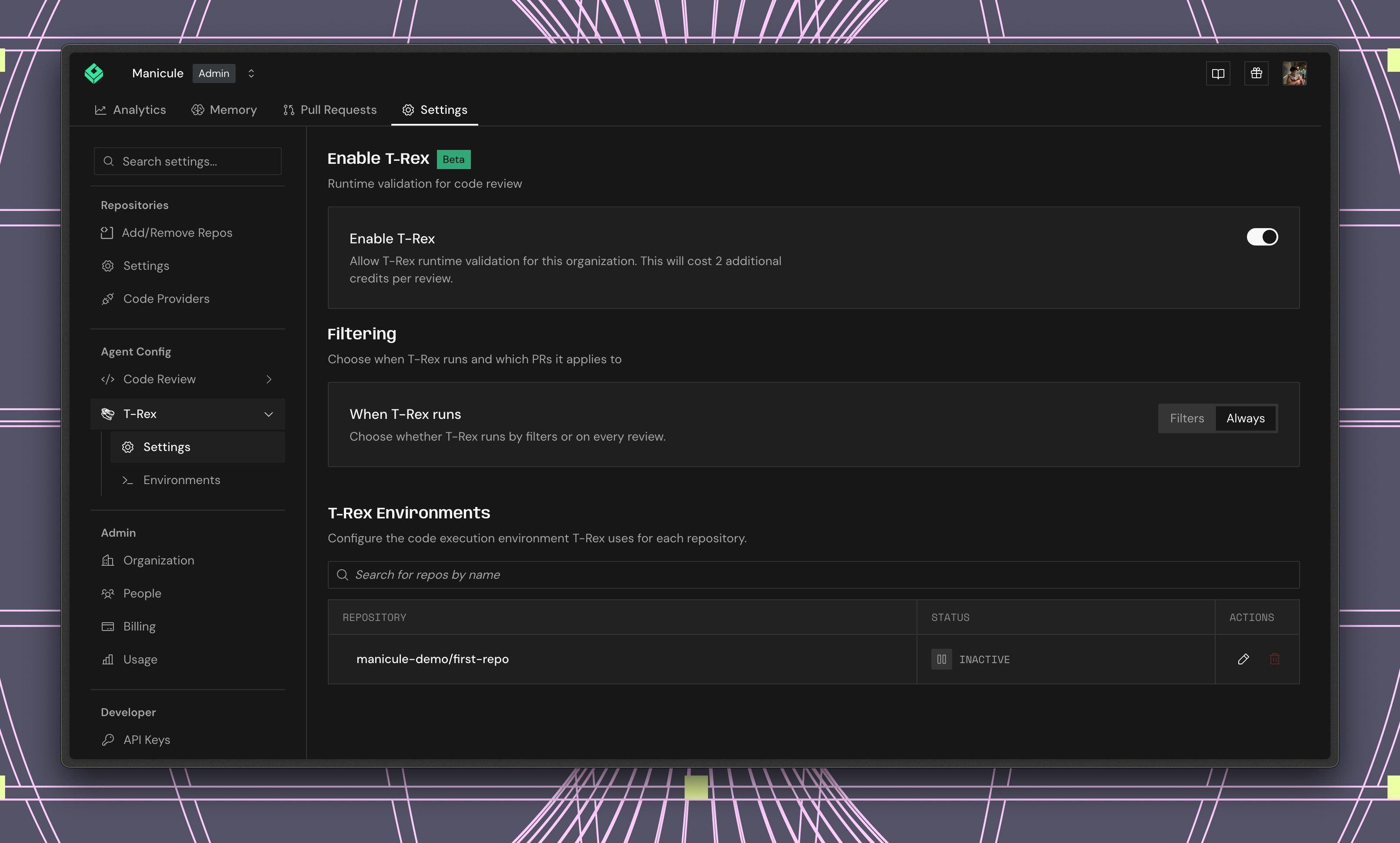 T-Rex settings: enable runtime validation, choose when it runs, and filter which PRs run T-Rex