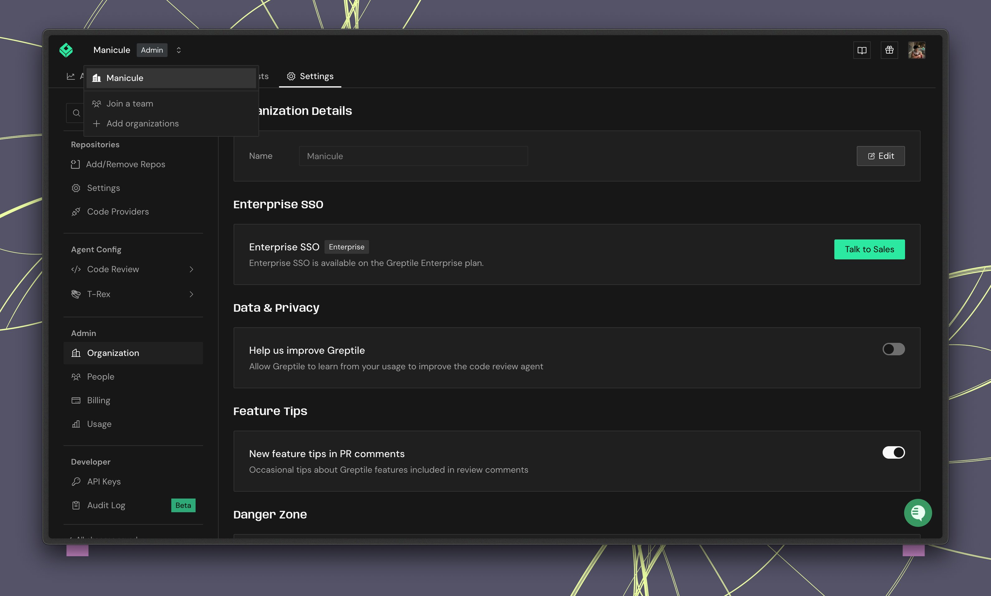Workspace dropdown showing org and team hierarchy
