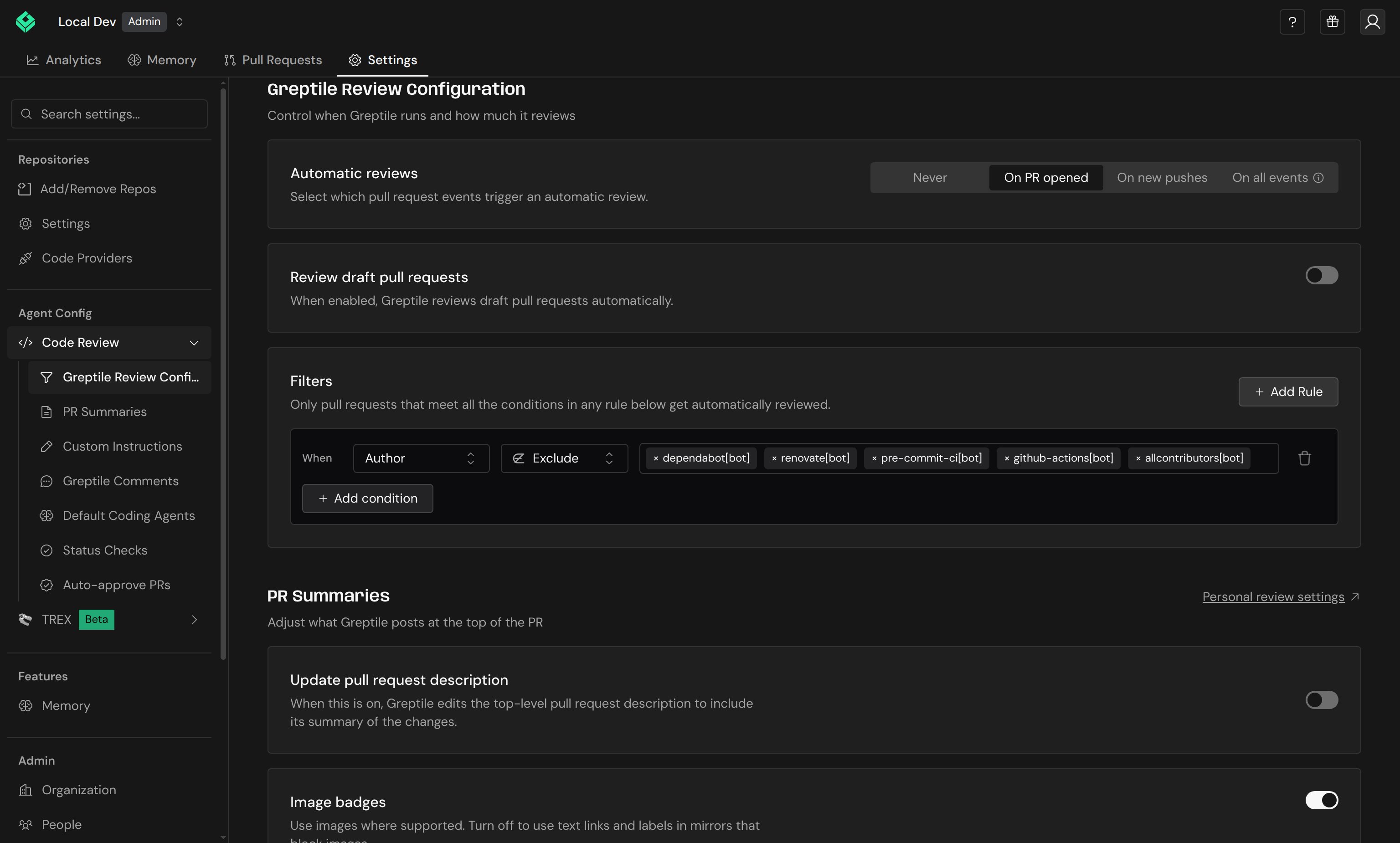 Greptile Review Configuration with review trigger options and filters