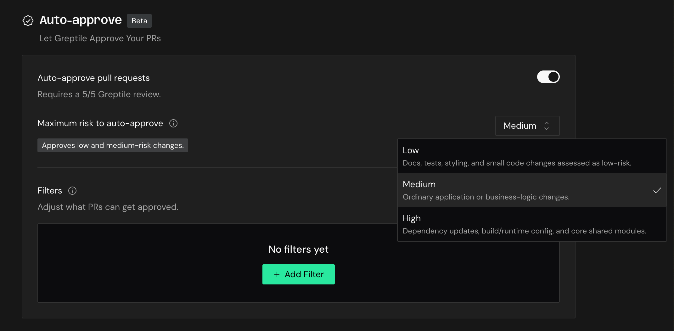 Auto-approve settings: toggle auto-approve, set the maximum risk to auto-approve, and add filters