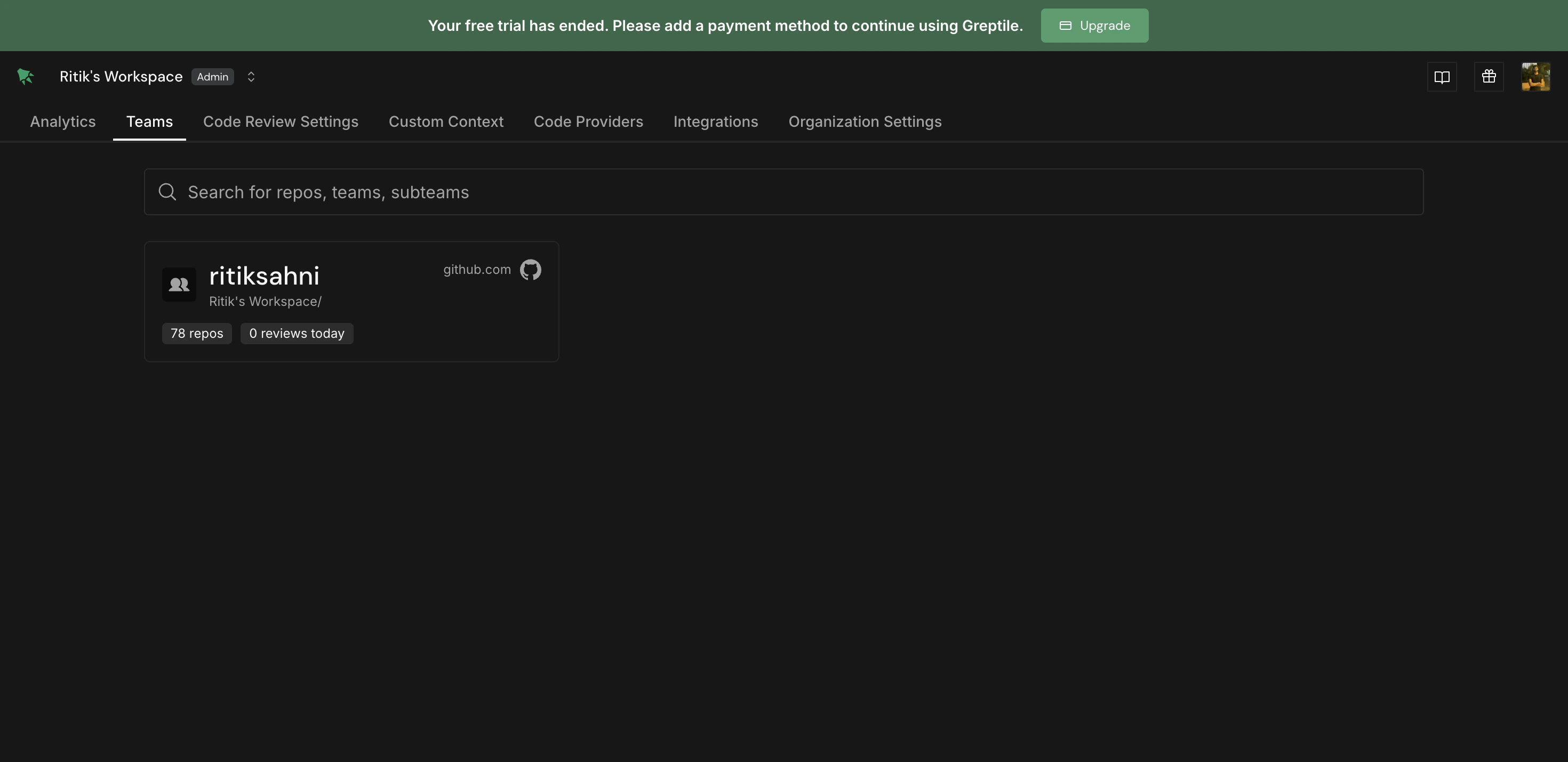 Teams page showing connected GitHub orgs