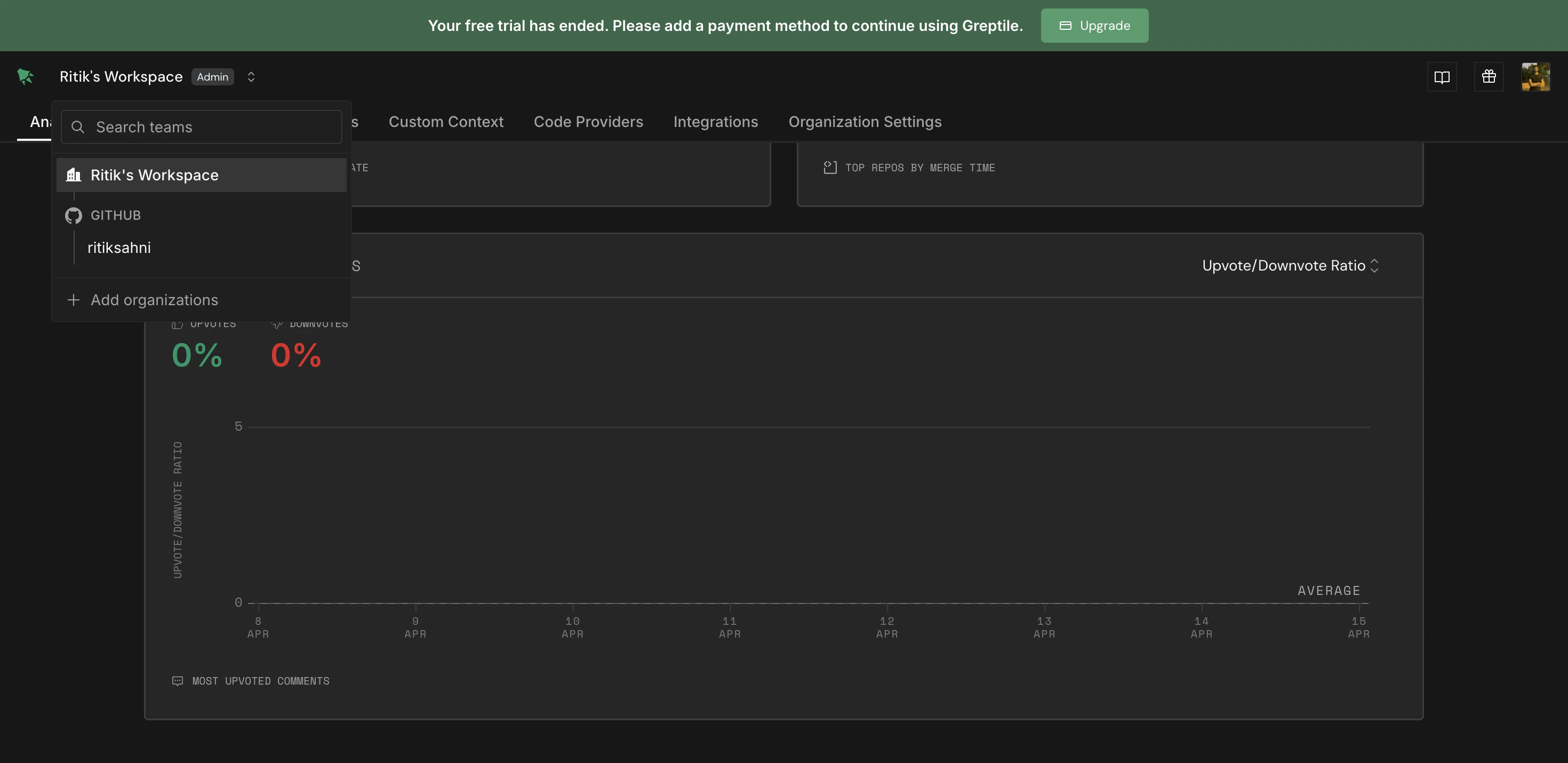 Workspace dropdown showing org and team hierarchy