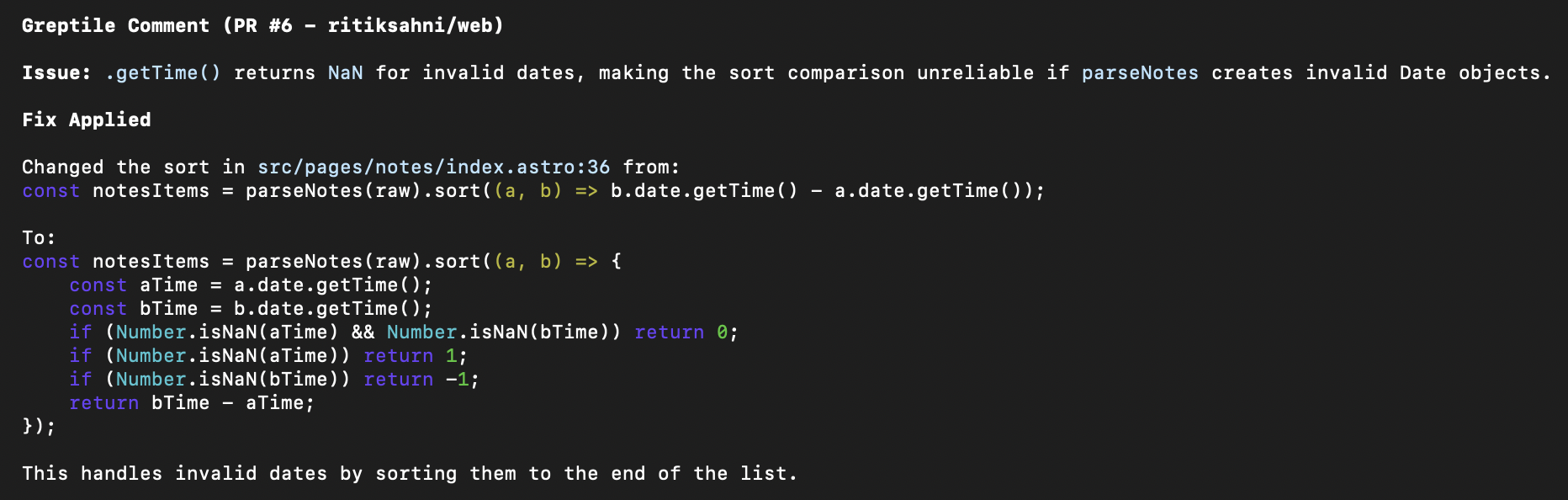 Claude Code applying a fix from a Greptile comment