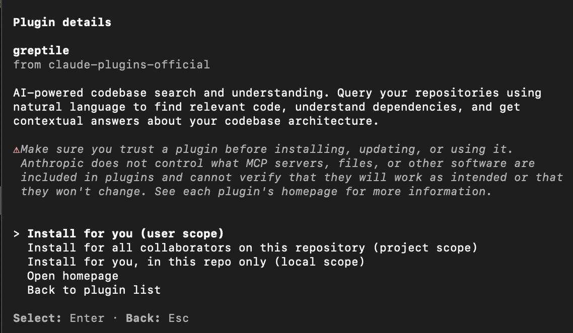 Greptile plugin installation options