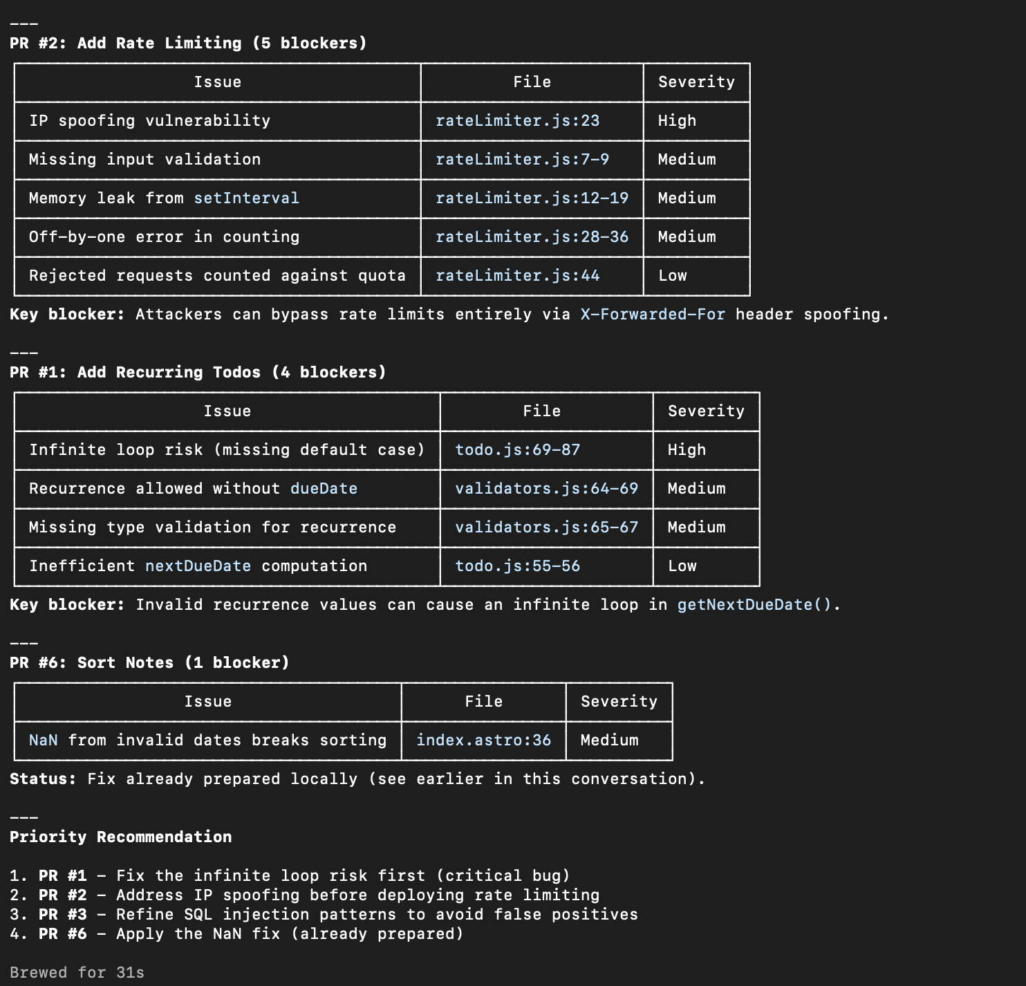 Claude Code summarizing blocking issues across PRs